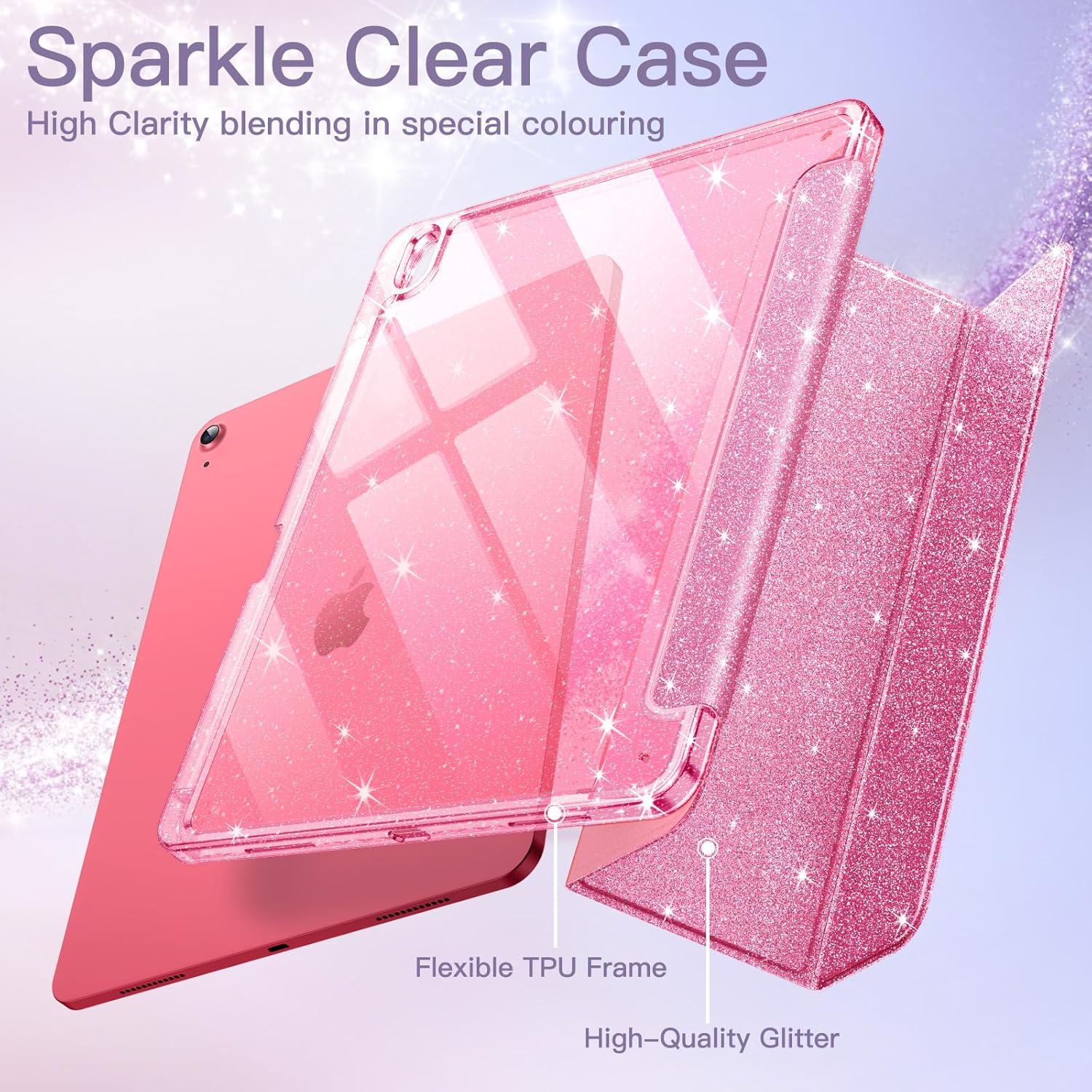 JETech Glitter Case for iPad (A16) 11th/10th Generation (2025/2022) with Pencil Holder, Cute Sparkly Slim Cover for Kids and Girls, Shiny Clear Back Shell (Pink)