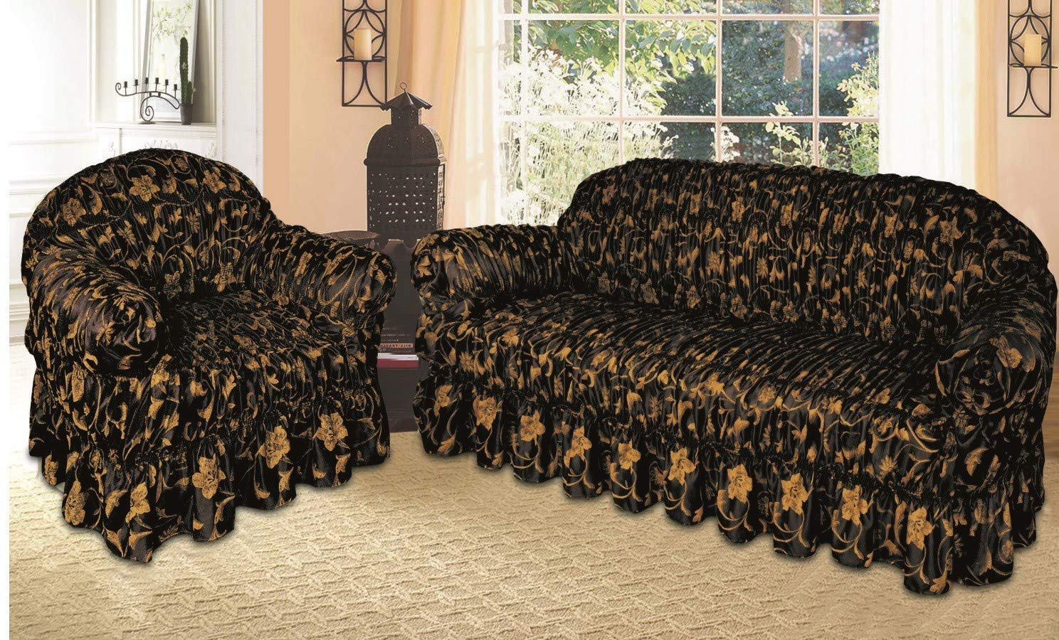 Jacquard Sofa Cover & Slip Cover Seater/Alternate to Sofa Throw (BLACK GOLD SOFA, 1 SEATER)
