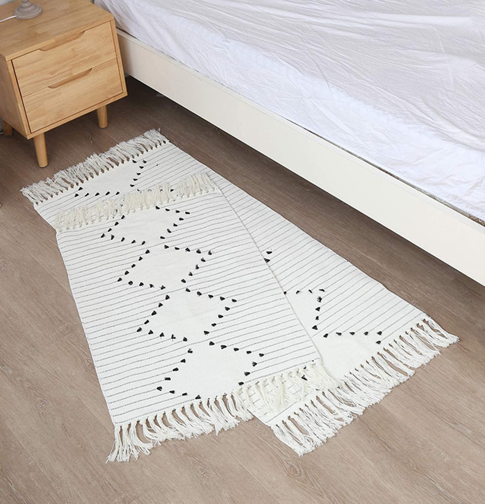 2 Stück Baumwollteppich (60 x 90 cm + 60 x 130 cm) Modern Schwarz und Weiß Bedruckter Teppich mit Quasten, maschinenwaschbar, moderner Bodenteppich für Eingangsbereich, Küche, Wohnzimmer,Schlafzimmer