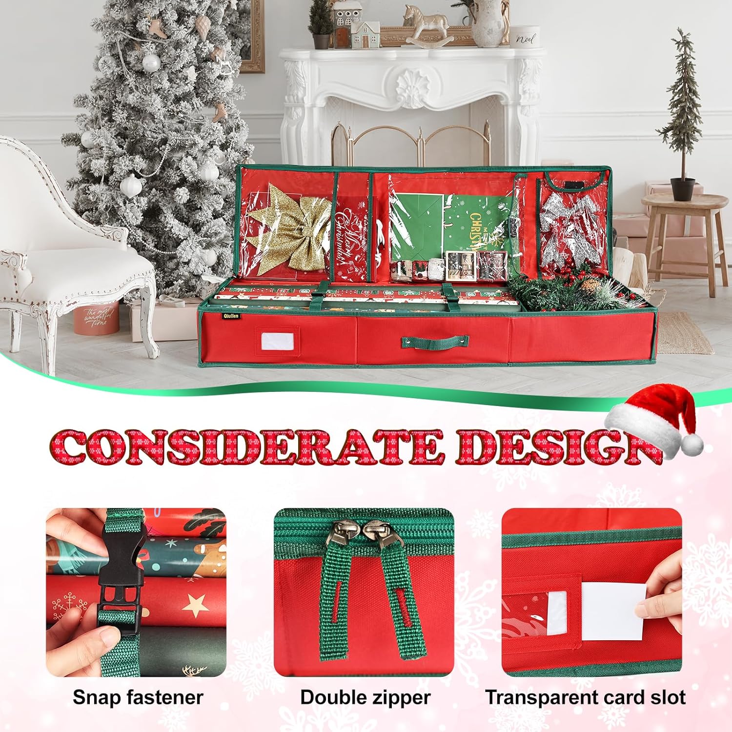 42'' Gift Wrap Organizer Christmas Wrapping Paper Storage Sturdy 600D Oxford Fabric Xmas Accessories Containers Bag Large Capacity Ornaments Storage Box (Red)