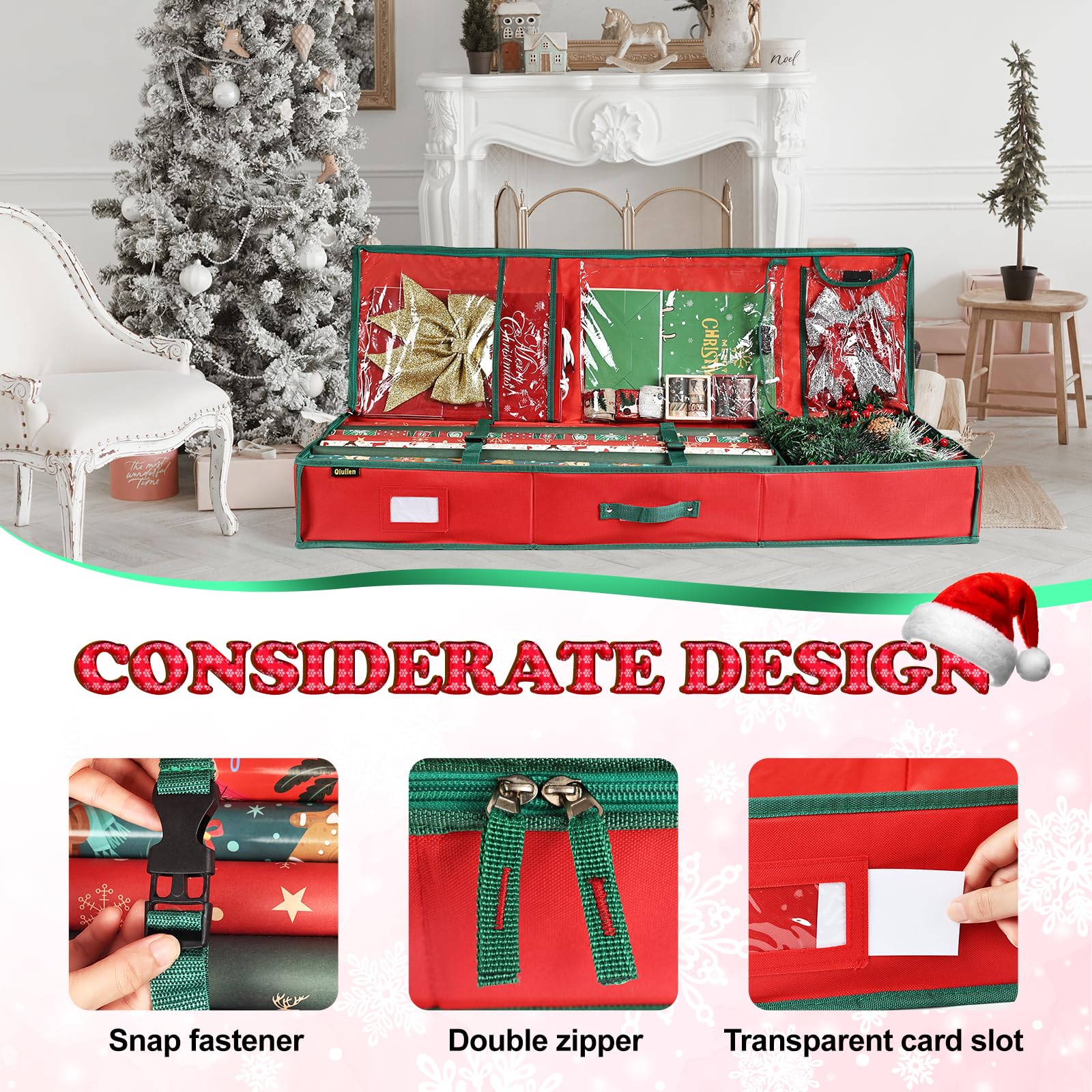 Qiullen Geschenkpapier-Organizer, 106,7 cm, Aufbewahrungsbox, stabiles 600D-Oxford-Gewebe, große Kapazität, Ornamente, Aufbewahrungsbox (rot)