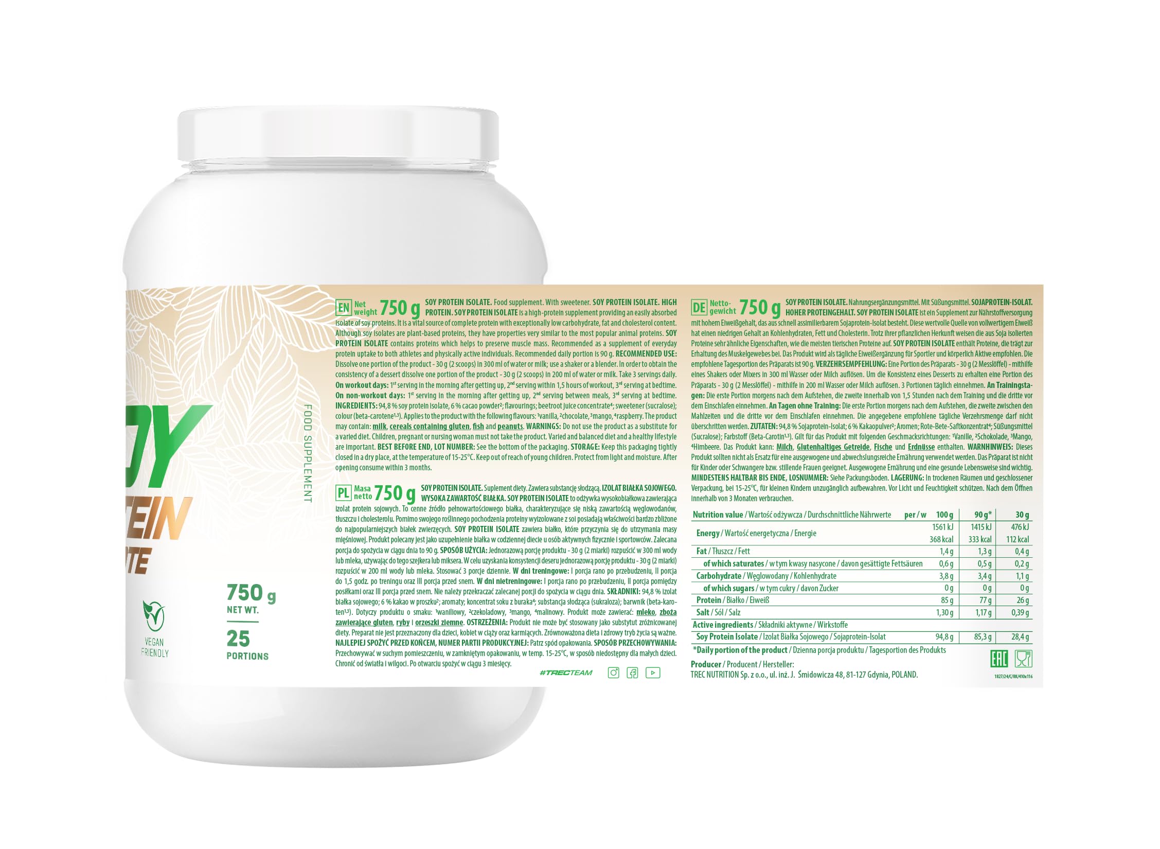 Trec Nutrition - SOY PROTEIN ISOLATE 750g JAR VANILLA - Nicht-GVO Sojaproteinisolat, 94,8% Protein, ideal für Vegetarier