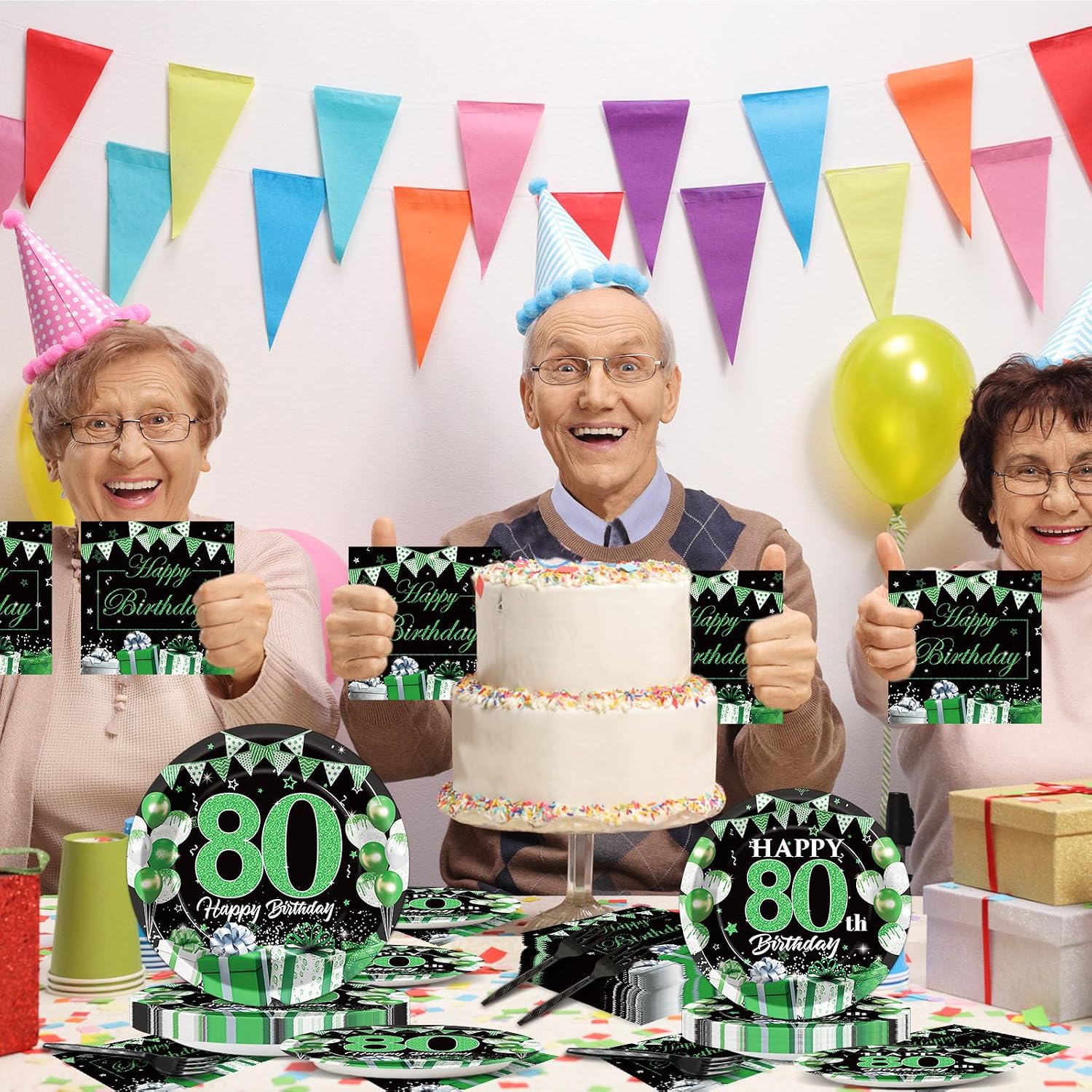 OBUSATT 96Pcs 80th Birthday Party Supplies Green and Silver 80th Happy Birthday Paper Plates Napkins Decorations 80 Years Old Dinnerware Party Favor Men Women Tableware Serves 24