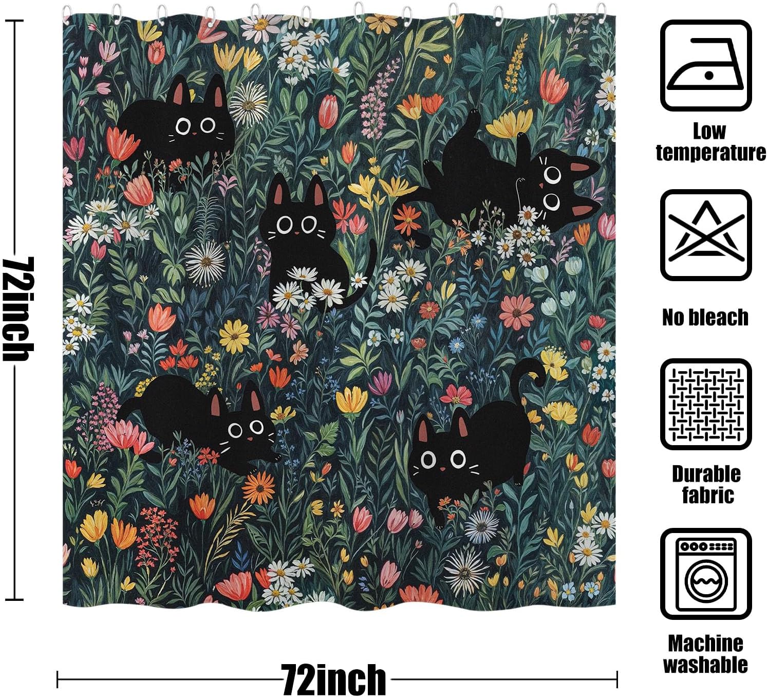 Cute Cat Shower Curtain Funny Black Cats Boho Floral Daisy Flower Shower Curtains for Bathroom Fun Kitten Animal Wildflower Farmhouse Waterproof Fabric Bath Curtain Decor 72 X 72 Inches