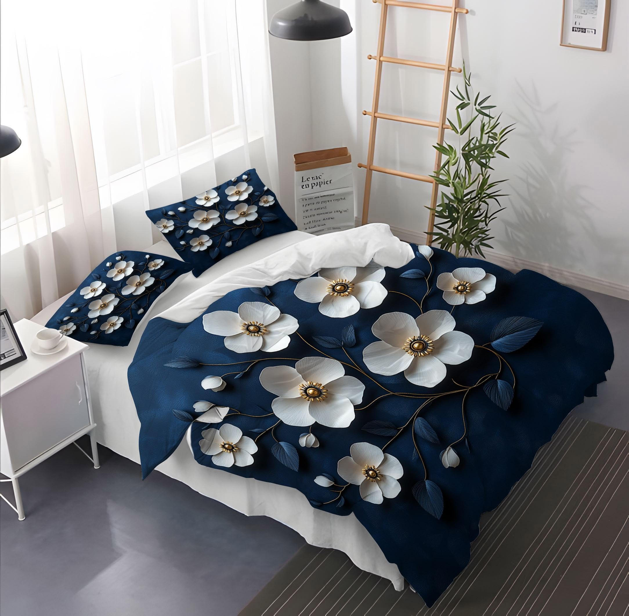 Parure de lit à fleurs bleu marine linge de lit 160x200 3 pièces