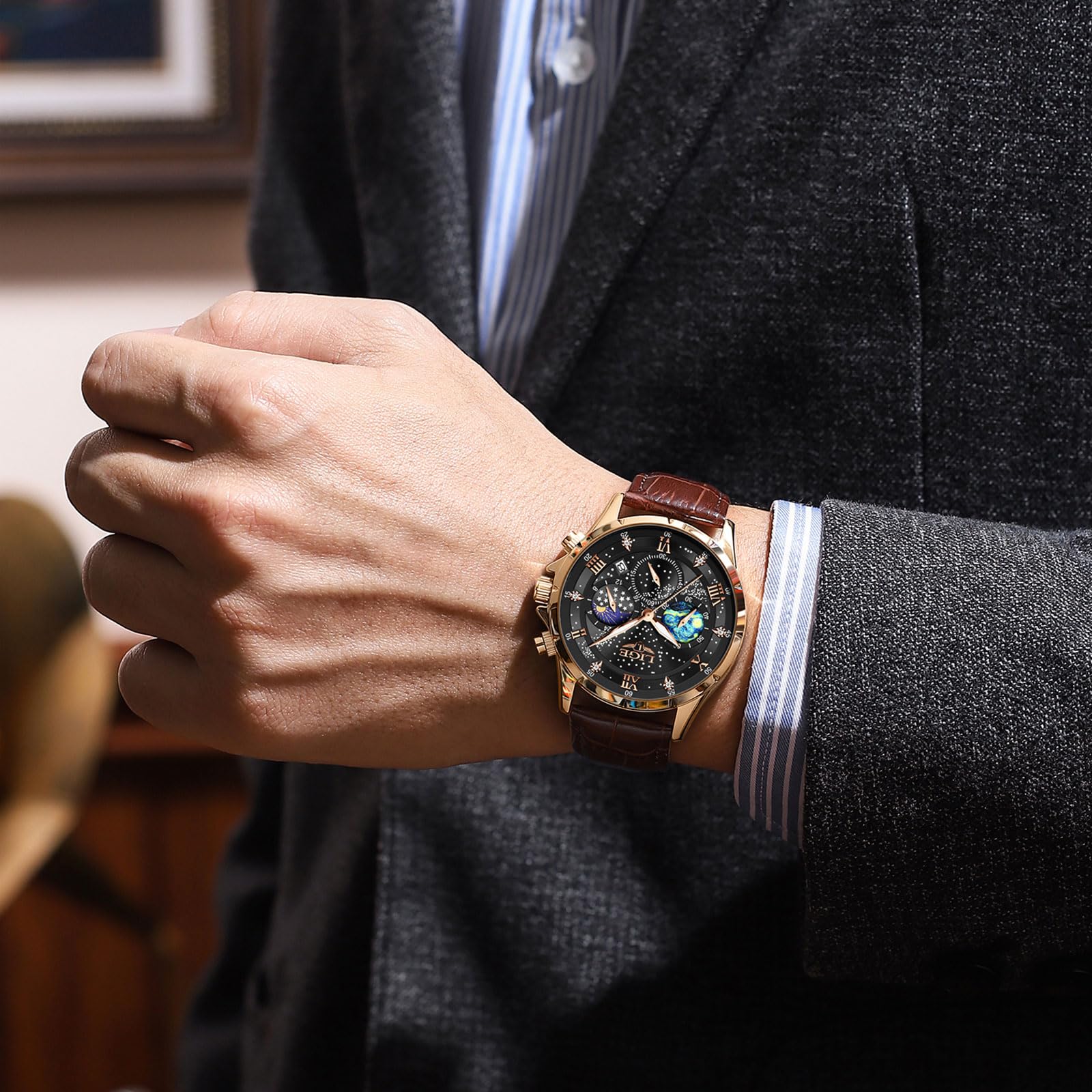 LIGE Orologio da polso da uomo, analogico, impermeabile, cronografo, casual, in pelle, impermeabile, display con fasi lunari, al quarzo, con data e luminoso, orologio da polso da uomo, Oro Nero