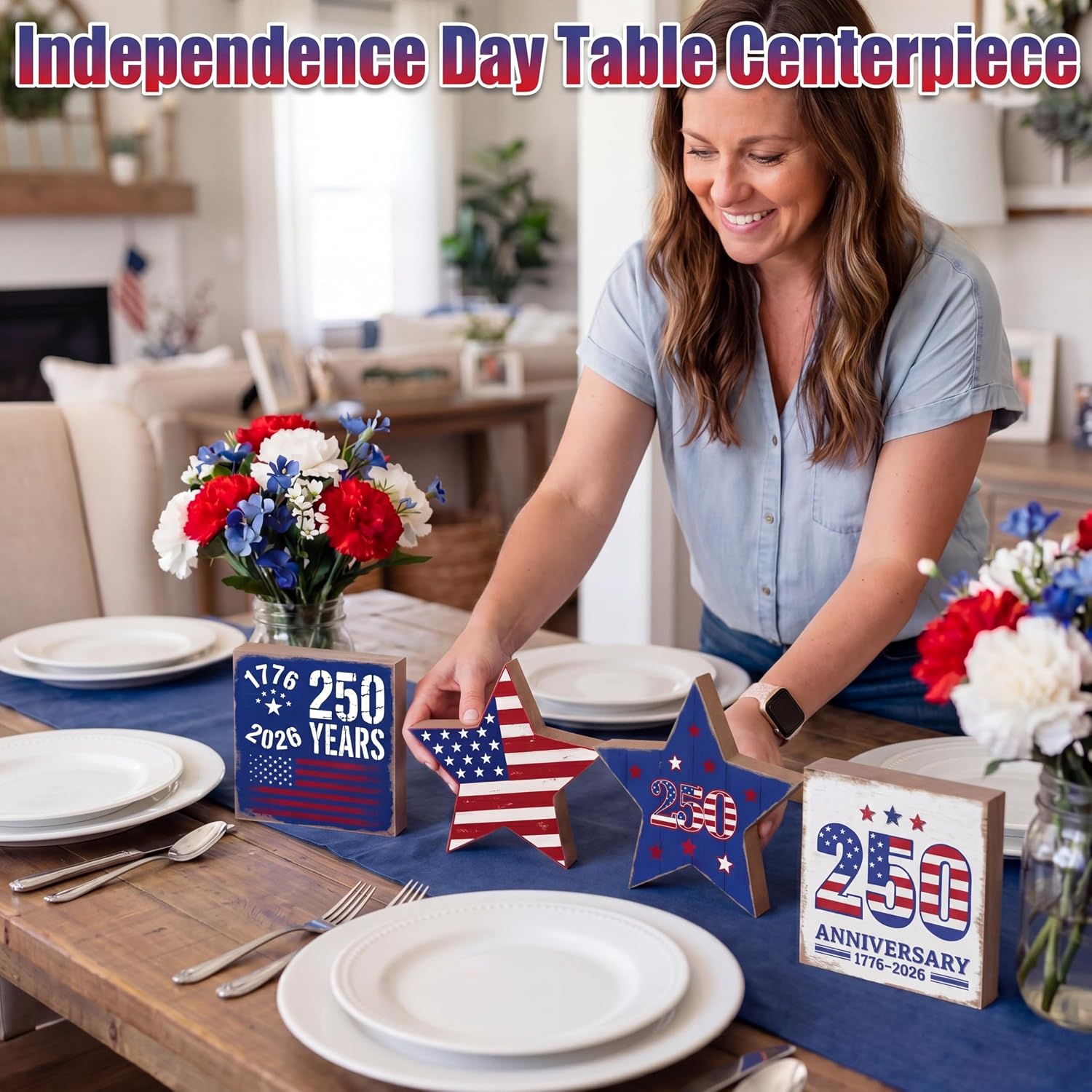 Chunful 4 Pcs 250th Anniversary Veterans Day Patriotic Tiered Tray Decor Veterans wooden Table Decorations Farmhouse Stars Centerpiece Wood Signs Lady Liberty Signs Standing Blocks Red White Blue
