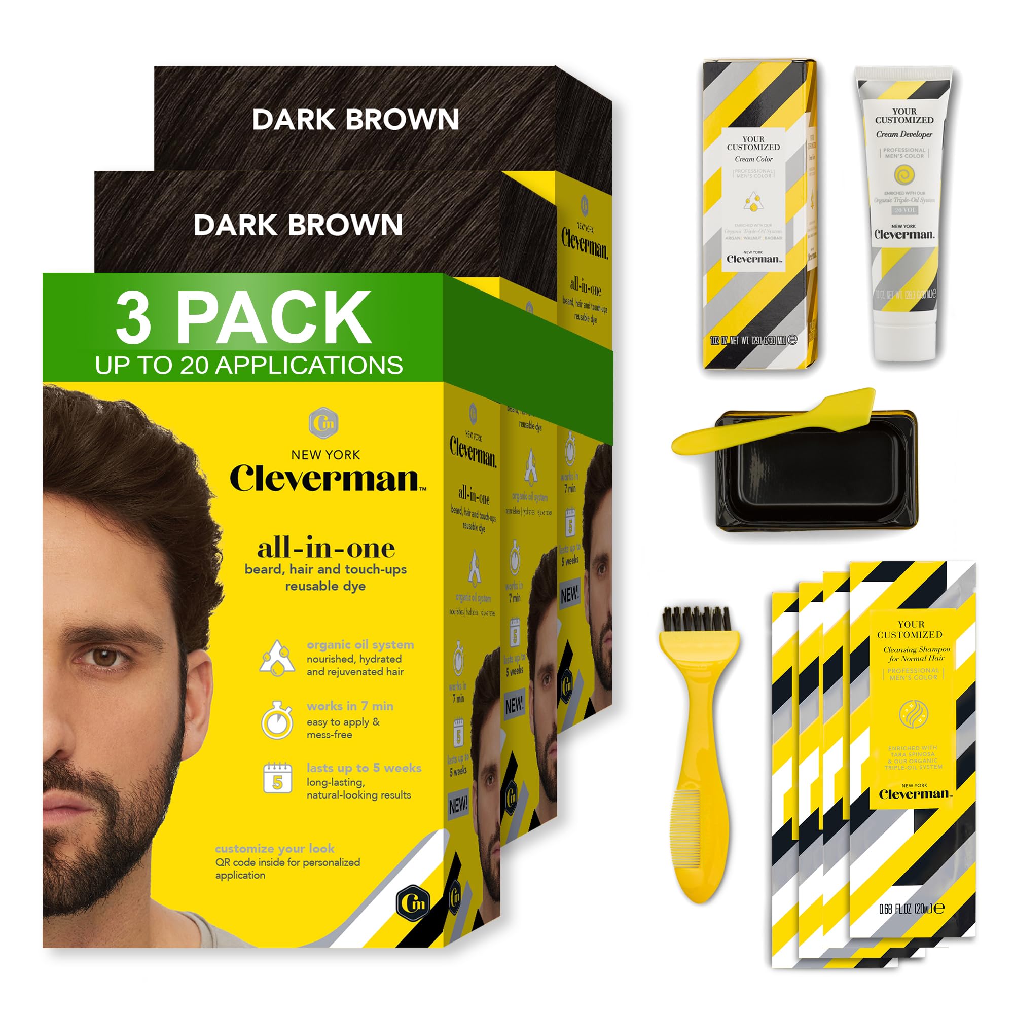 3x2 Pack Cleverman Dark Brown Hair & Beard Dye for Men, All-in-One Reusable Kit - Mens Color For Natural-Looking Gray Coverage, Professional-Quality and Ammonia-Free for Hair, Beard & Gray Mustache