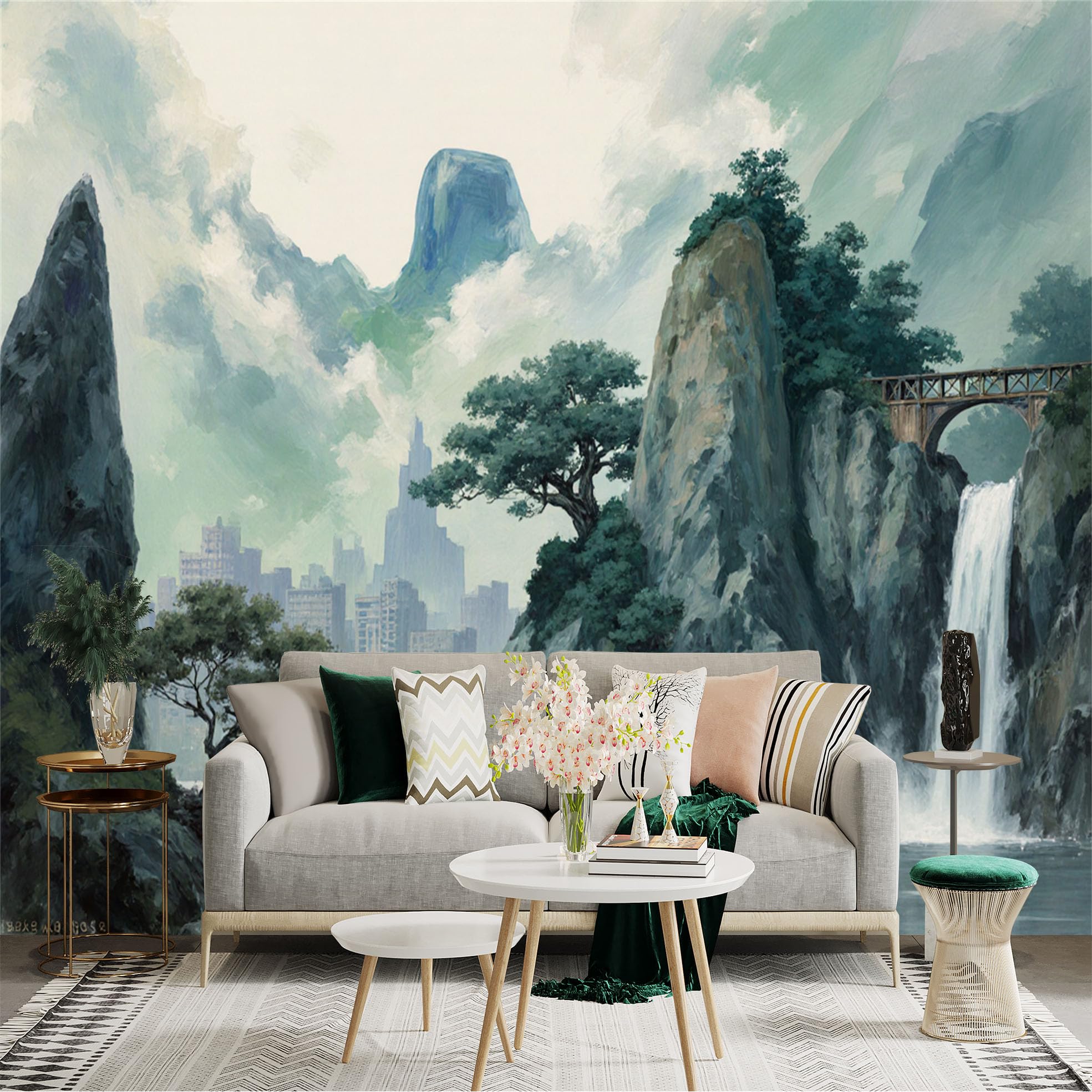 Lnzczhyre Xc260505277 Custom Size Wall Sticker Mural， Misty Mountains With Waterfall， Scenic River Landscape， Bridge And Urban City View， For Wall Decoration， Peelandstick Wall Decals.