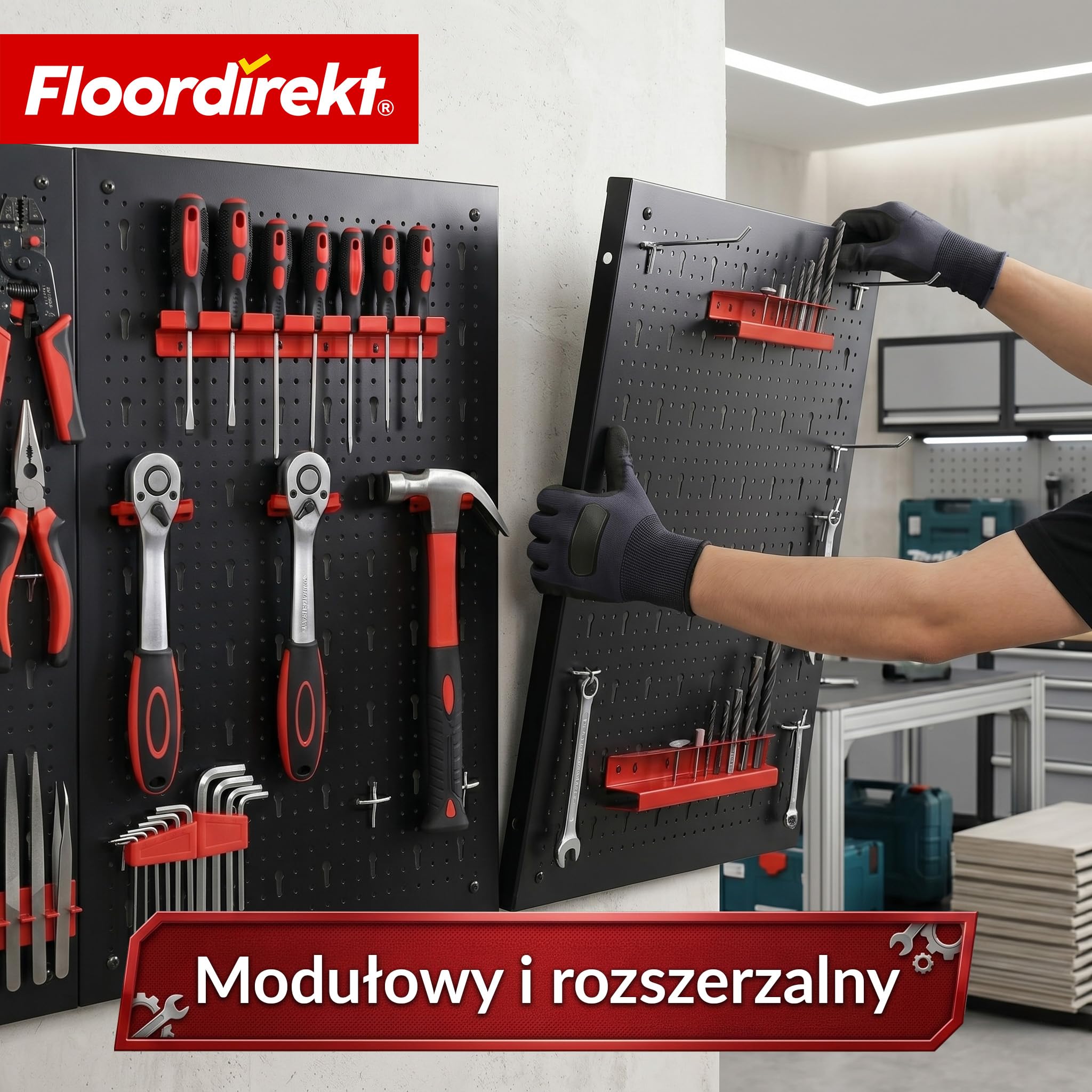 Floordirekt Narzędzie ściana perforowana z metalu 240 x 60 cm, płyta perforowana – zestaw 6 płyt, do stołu warsztatowego, garażu, wyposażenia warsztatowego