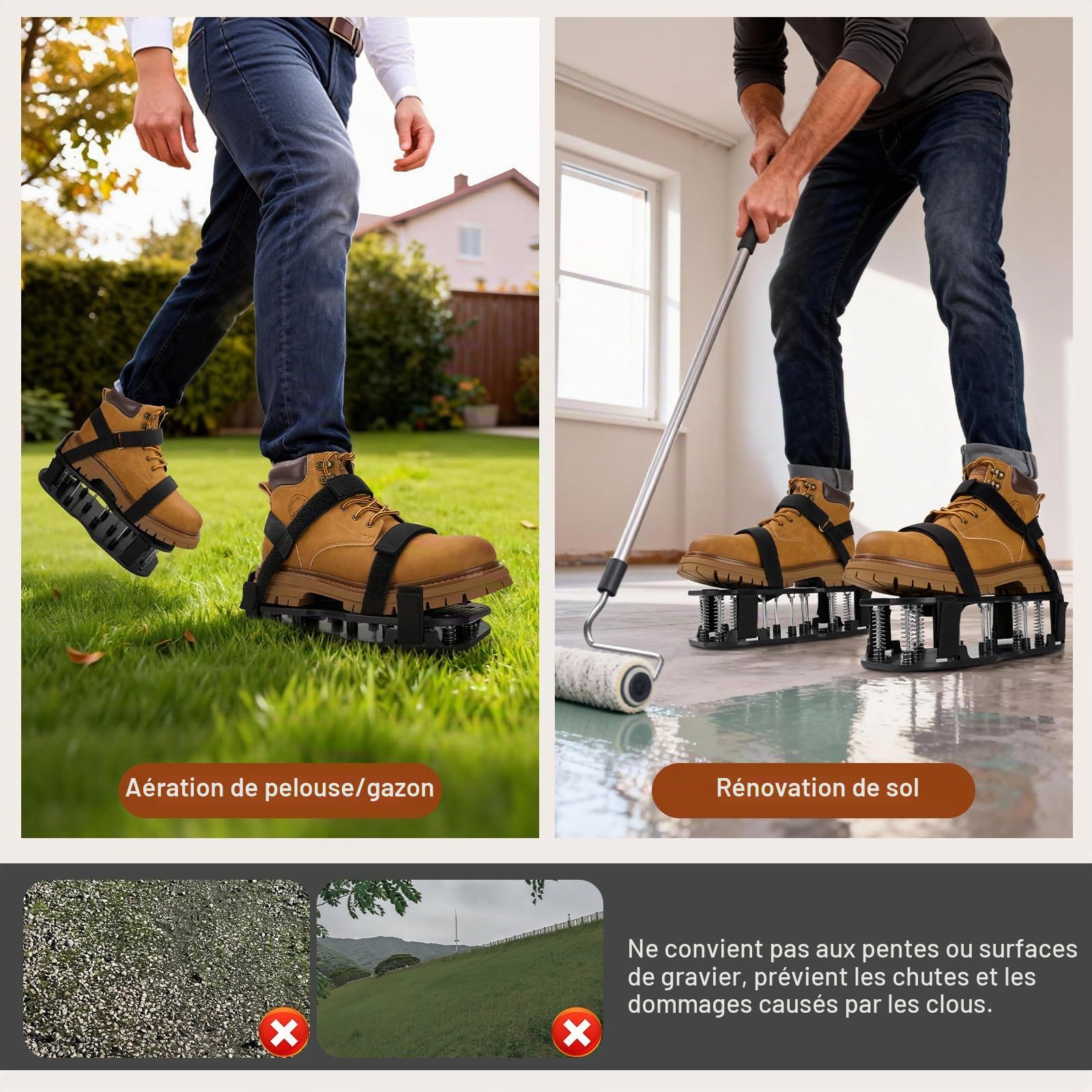 Aérateur Pelouse Chaussures, Scarificateur Gazon Préinstallés, Double Couche, Clous Longs et Sangles Réglage à Fermeture, Durables et Autonettoyantes pour Terrasses Jardin Sol Pelouses