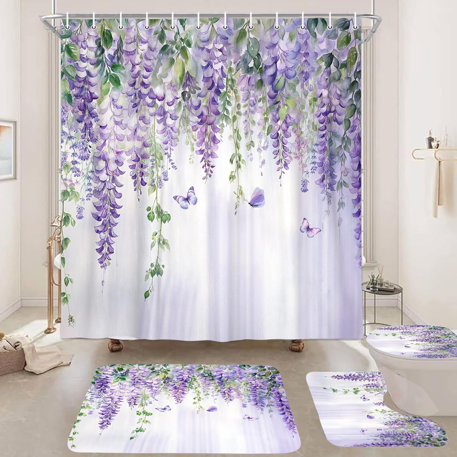 4 Pcs Purple Lavender Floral Shower Curtain Set with Non Slip Rugs Toilet Lid Cover and Bath Mat, Purple Lilac Flower Leaves Fabric Waterproof Bath Mat Carpet Toilet Restroom Bathroom Accessories