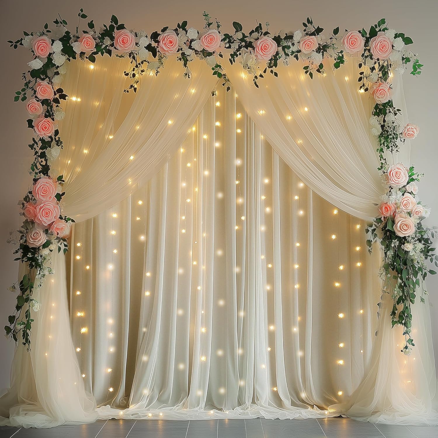 Fomcet Champagne Backdrop Curtains with Lights String 10X8FT Polyester Fabric & Tulle Curtains Backdrop Drapes for Back Drop Photoshoot Baby Shower Birthday Party Decor 2 Panels 5x8FT 10FT×8FT Champagne
