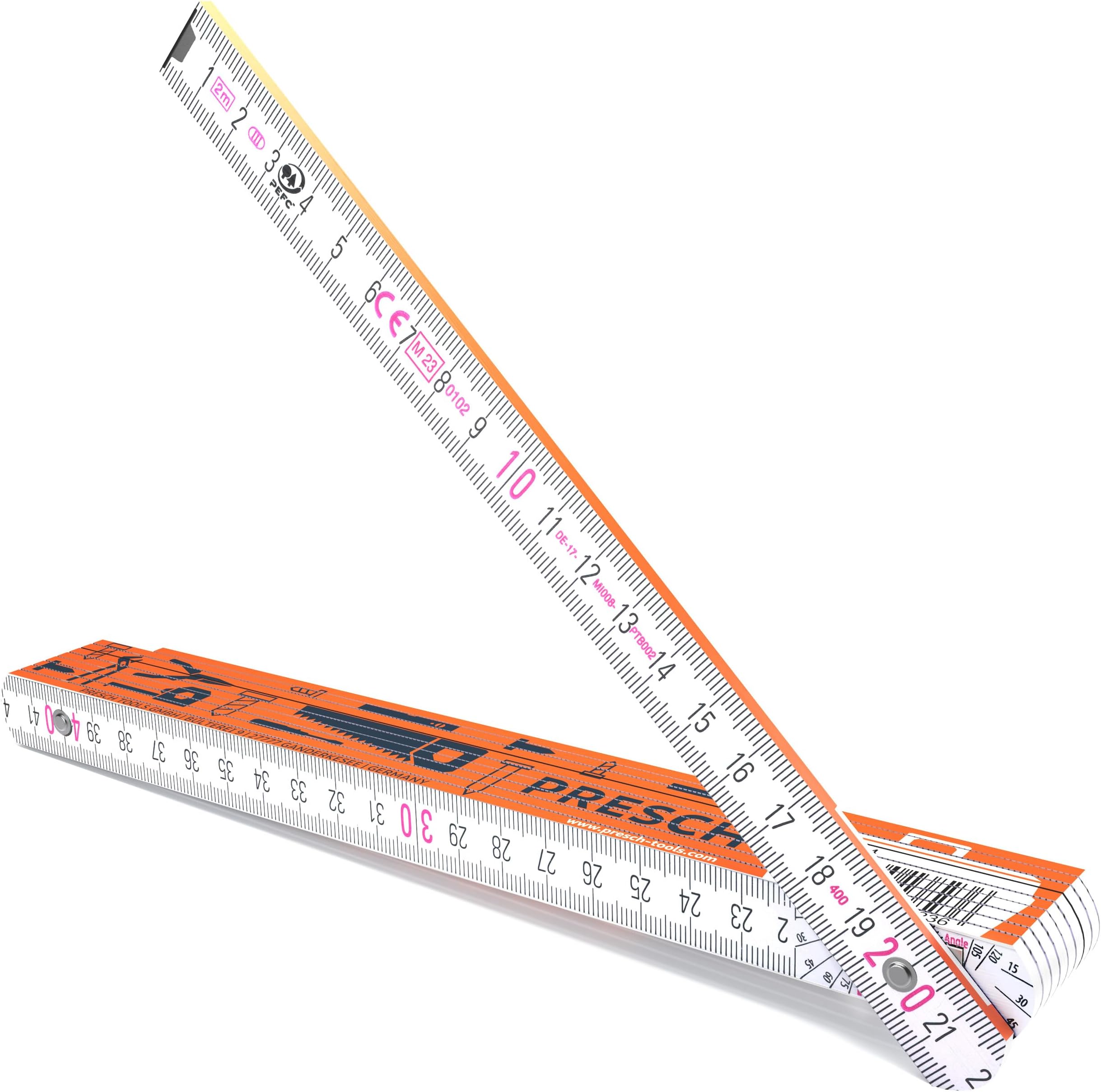 Presch Folding rule 2m with angle scale | Wood | Orange | Foldable | Large & highly legible numbers | Precise snapping | Meter stick, carpenters rule, folding ruler 2m, joiners rule with tool pattern