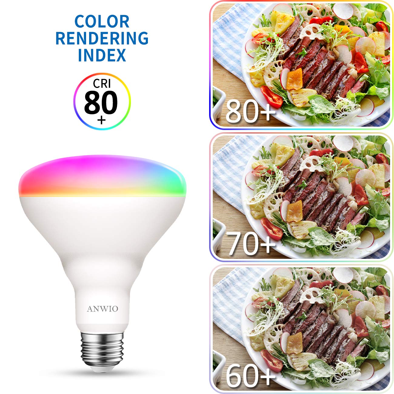 ANWIO Bombilla LED Inteligente RGB E27 WiFi, 9W (Equivalente 60W) 806 Lúmenes, Blanco Cálido 2700K, Compatible con Alexa, Google Home y Smart Life, Sin Concentrador, Pack de 4