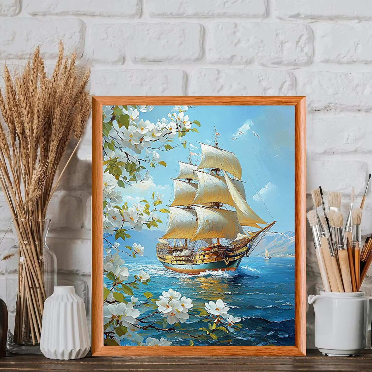 WEISHIWE Dipingere con i Numeri Adulti Barca a vela e fiori, 80x100cm s-217 | Paint by Numbers Kit con Pennelli e Acrilico Pigmento, Fai da te Olio La Pittura di Numeri Kit, Decora la Casa, senza Cornice