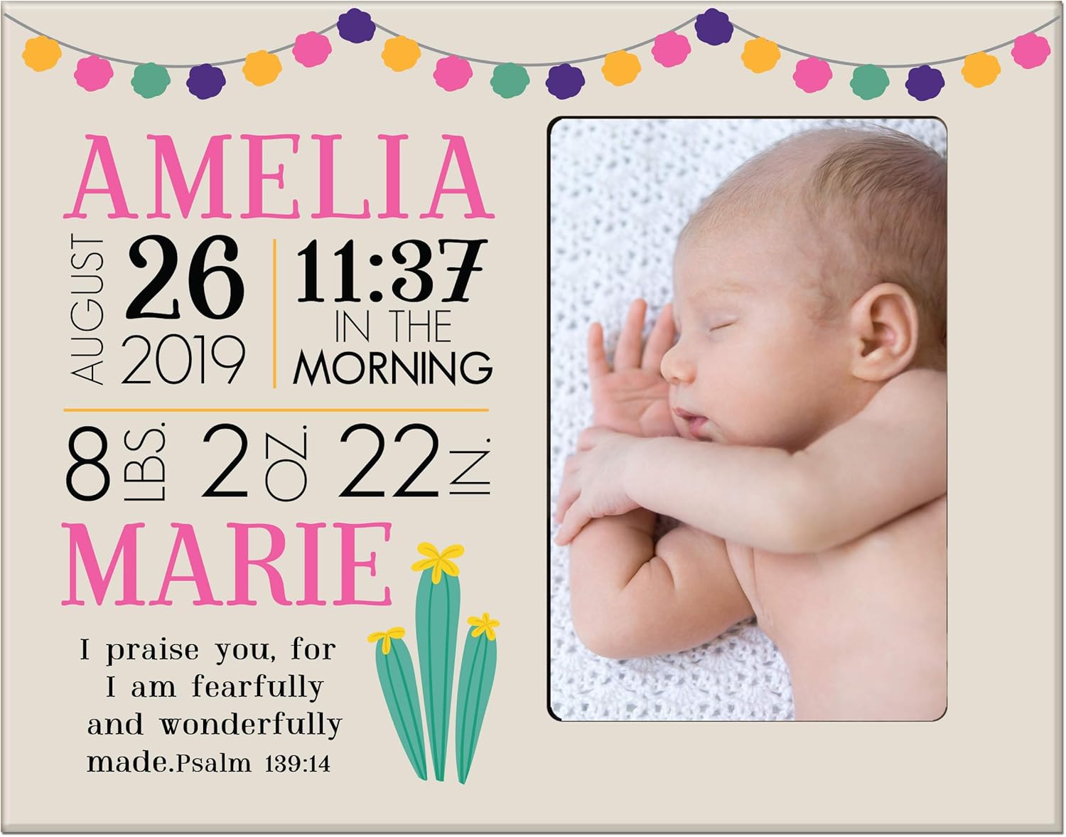 LifeSong Milestones Personalized Baby Birth Arrival Announcement - Newborn Stats Cactus Nursery Picture Frame Decor for Boys and Girls 8” x 10” Frame Holds 4” x 6” Photo (Ivory)