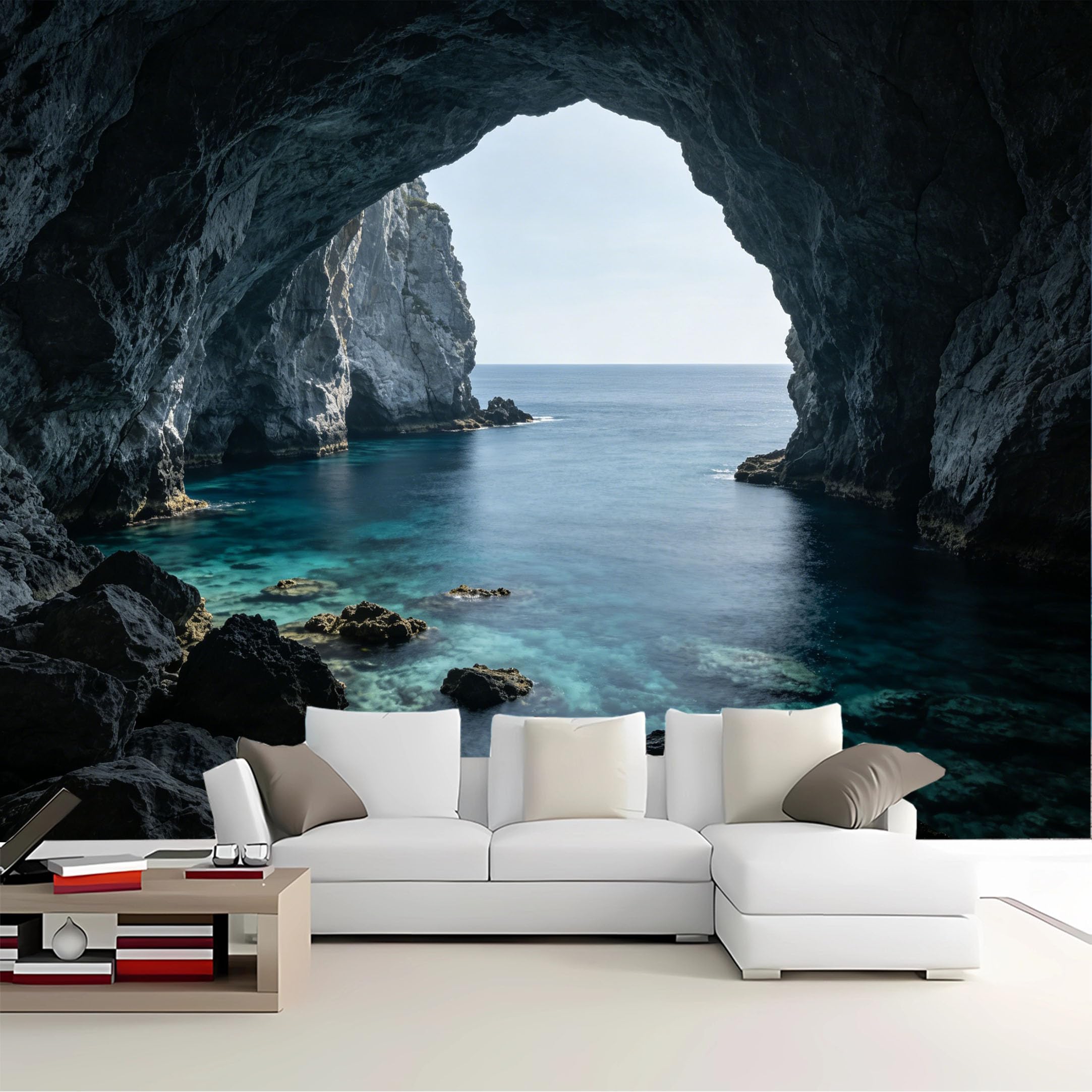 Custom Size Wall Mural Cave View Turquoise Ocean Removable Self Adhesive Peel and Stick Wallpaper for Bedroom Living Room Dining Room
