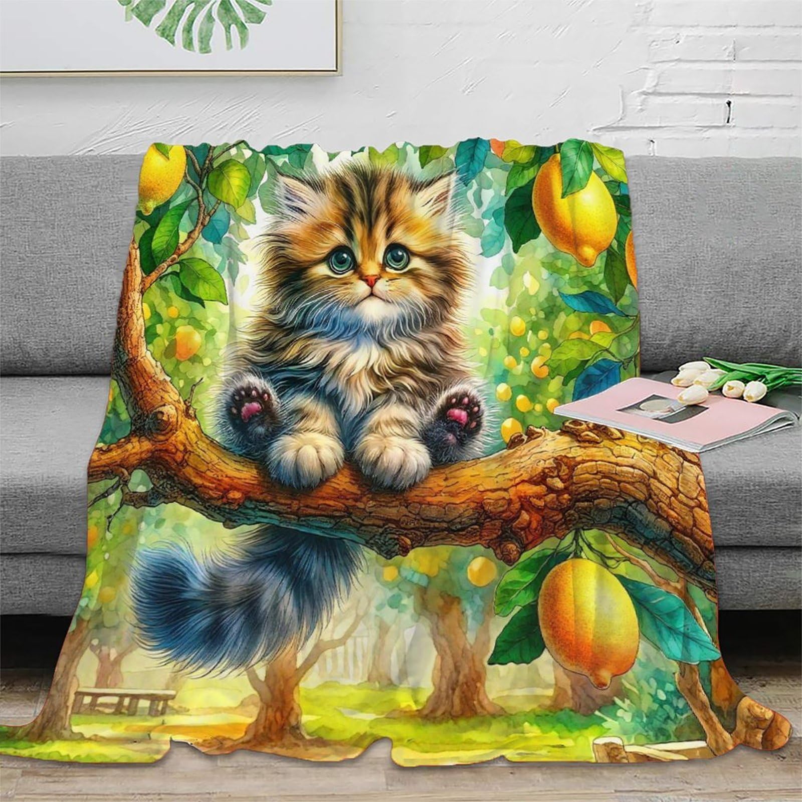 Plaid chat 3D en microfibre chaude pour canapé, voyage et camping