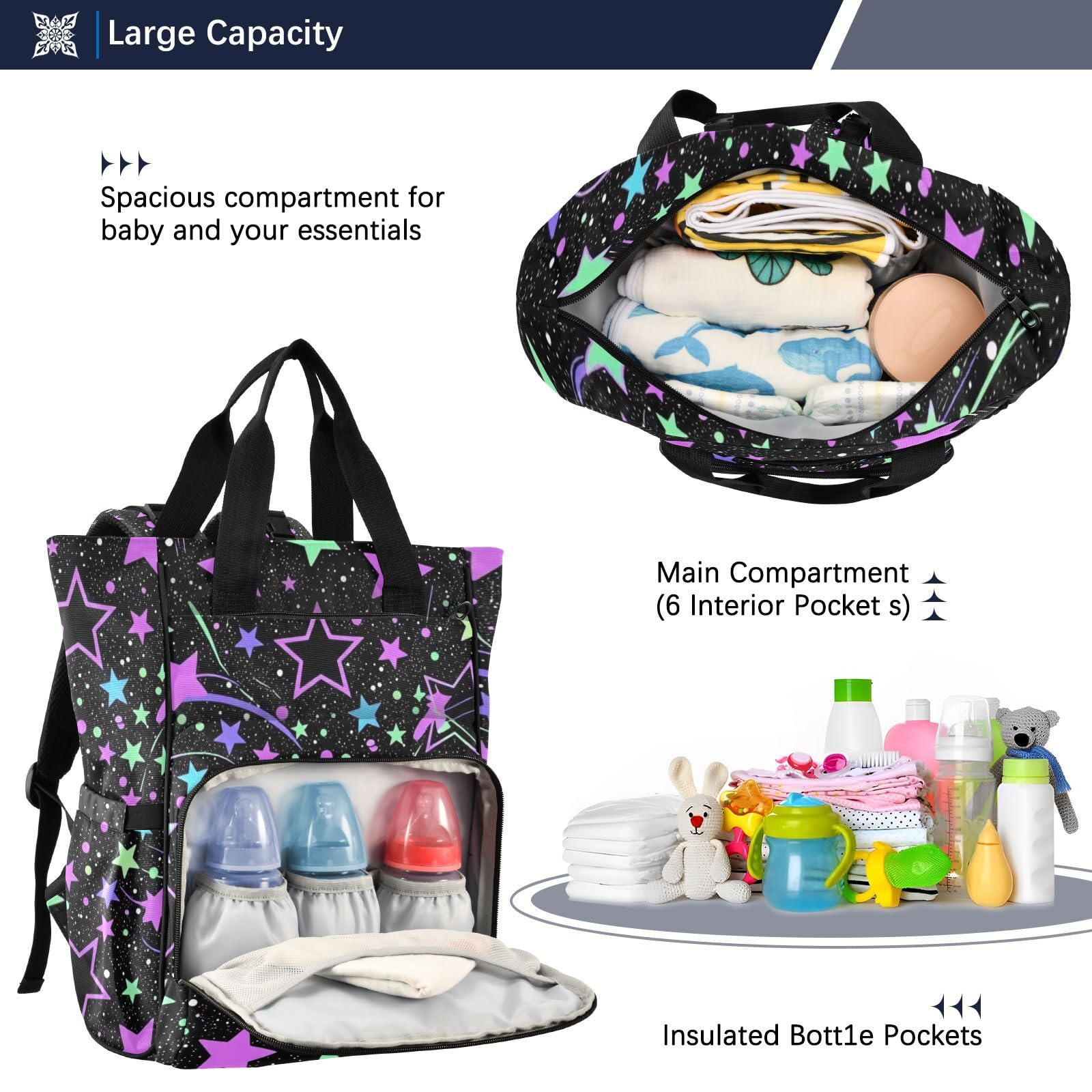 Baby Essentials torba na pieluchy tęczowe gwiazdy czarna