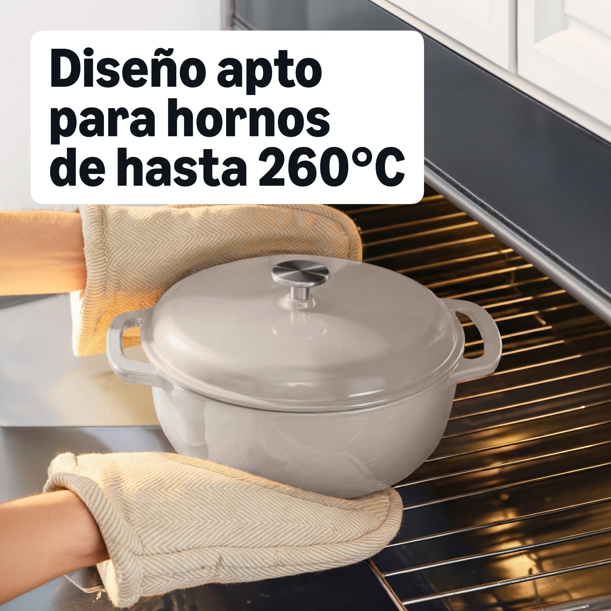 Amazon Basics Horno Holandés de Hierro Fundido con Tapa, Esmaltado, Doble Asa, Redondo, Resistente, Pequeño, 4.1L, Gris Lino