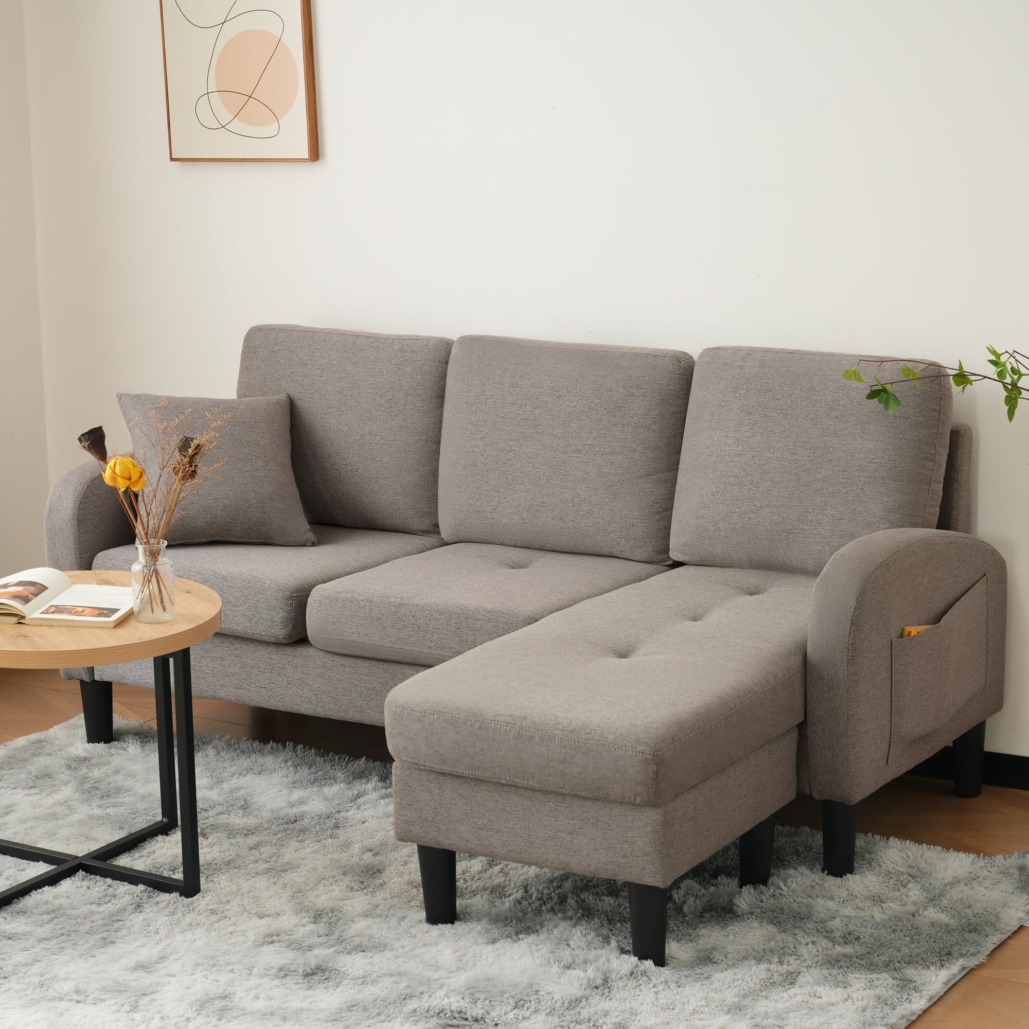 SUKY Sofá esquinero en forma de L con chaise longue, 166 x 118 x 77 cm, sofá de 3 plazas, tela de lino de algodón transpirable, patas de plástico, diseño modular, ideal para sala de estar (gris oscuro
