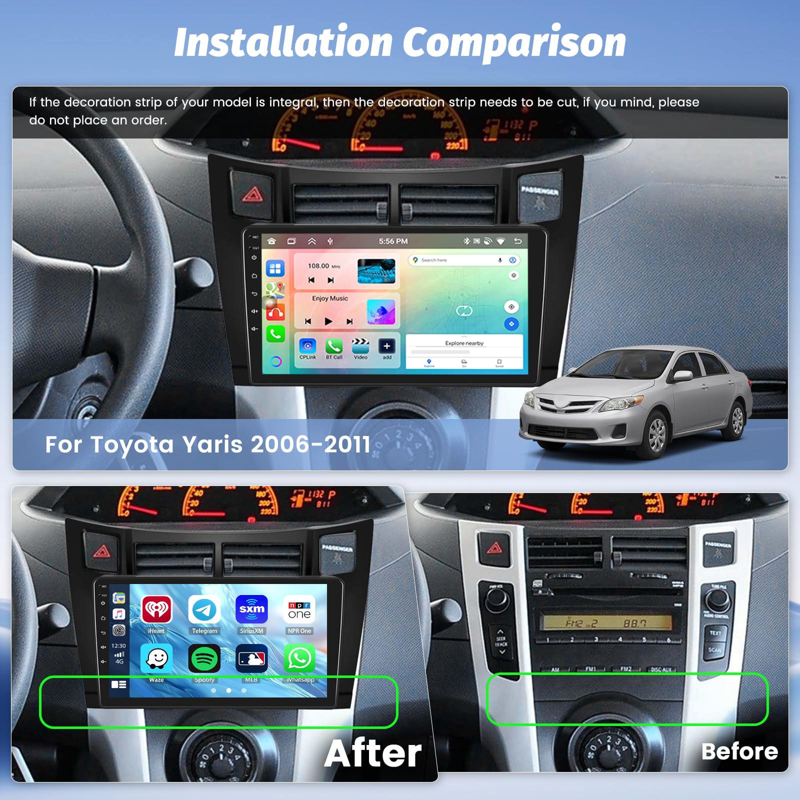 Radio samochodowe Hikity 4G 64G 8Core dla Toyota Yaris 2007-2011 Android 13 Bezprzewodowy Carplay Android Auto Screen 9-calowe radio z nawigacją GPS Bluetooth Kamera tylna WIFI RDS DSP