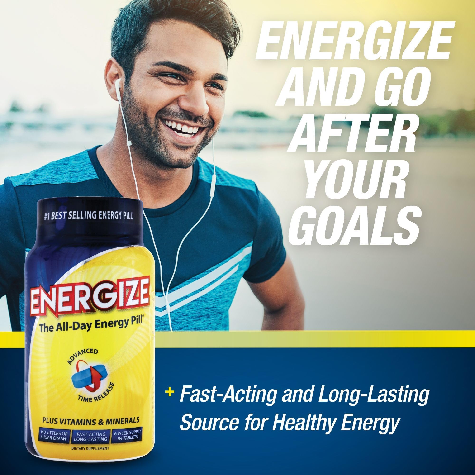 iSatori Energize Caffeine Pills - Fast Acting All-Day Energy Supplement with Time Release Caffeine & Natural Nootropic Support - No Jitters or Crash - Energy Vitamins for Men and Women - (84 Tablets)