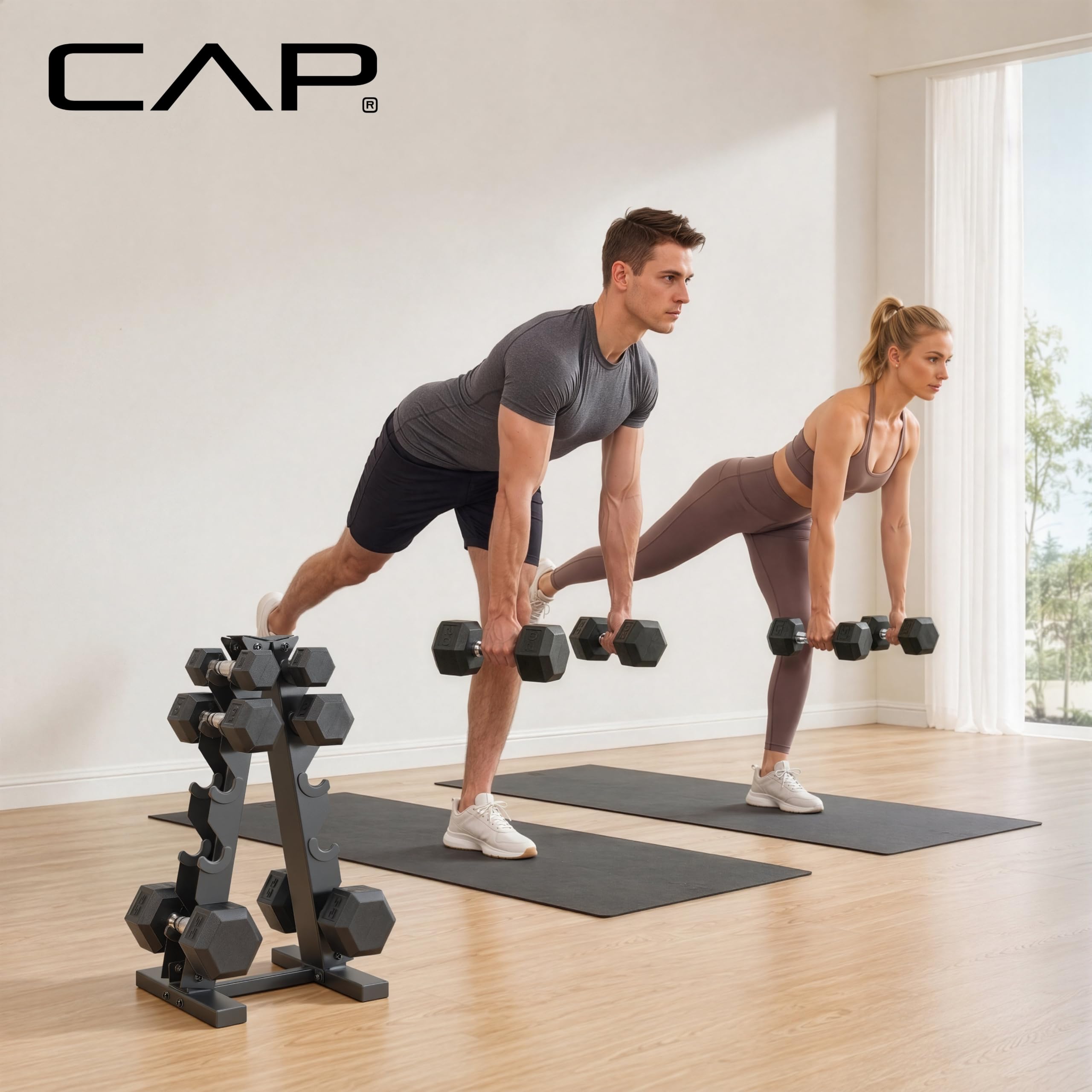 Rubber Coated Hex Dumbbell Set with Storage Rack | 100–210 lb Options, Space-Saving Vertical Compact Storage for Home Gym Strength Training