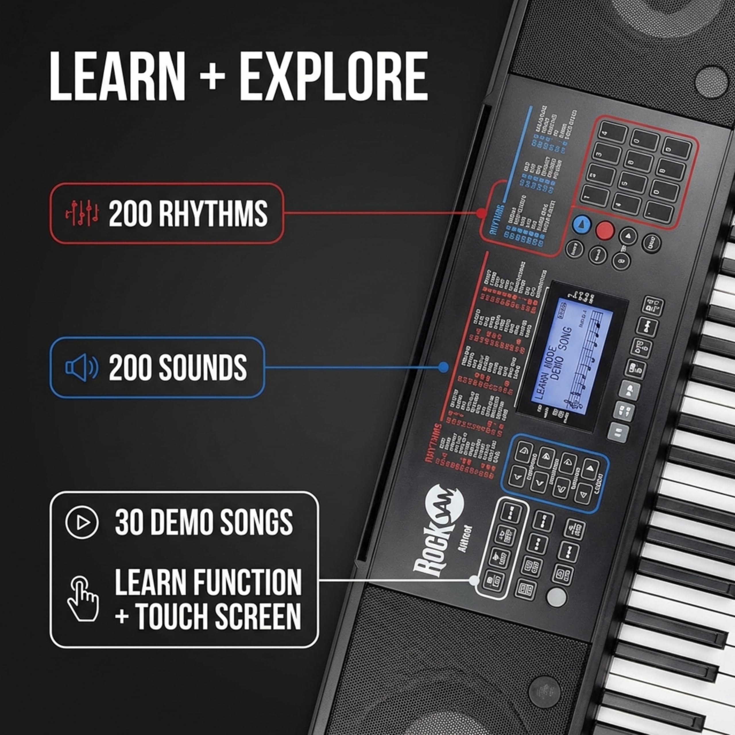 RockJam 61 Key Touch Display Keyboard Piano Kit with Digital Piano Bench, Electric Piano Stand, Headphones Piano Note Stickers, Sustain Pedal & Simply Piano Lessons