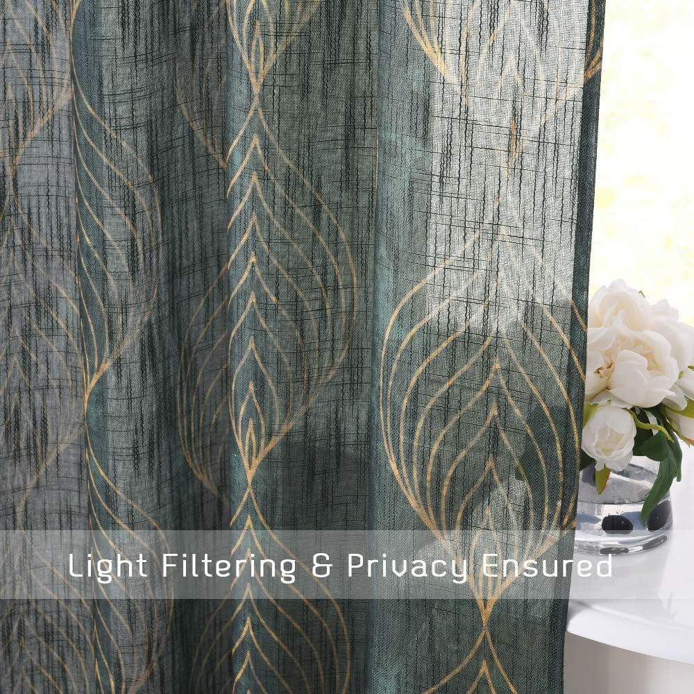 KGORGE Sheer Curtains for Bedroom - Curtains 84 inches Long Soft Light Filtering Geometry Leaves Print Window Treatments for Bathroom French Door Living Room Office, 2 Panels, Sage