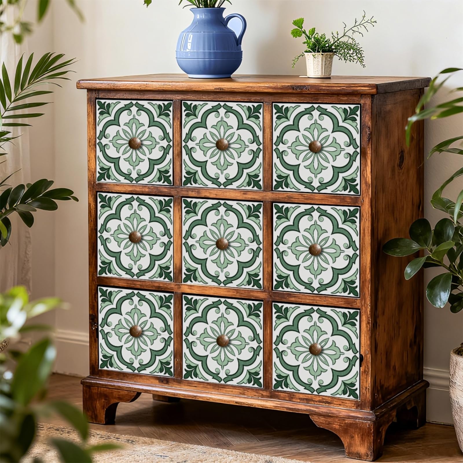 Tile Stickers Green White Stick on Kitchen Tiles Self Adhesive Wall Tiles PVC Peel and Stick Tile Covers Transfers Oil-Proof Kitchen Splashbacks for Walls Removable 15x15cm/24 Pcs