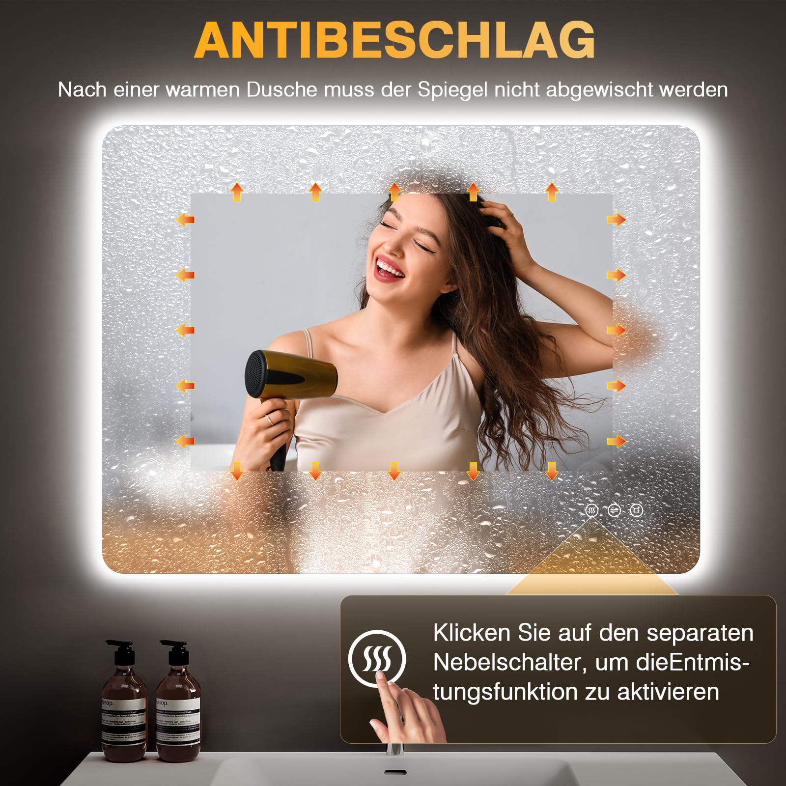 Badspiegel mit Beleuchtung 80x60cm, Led Spiegel Bad mit Antibeschlag, 3 Lichtfarben, Dimmbar, Speicherfunktion, Touch-Schalter, IP44 Wasserdicht, LED Badezimmerspiegel