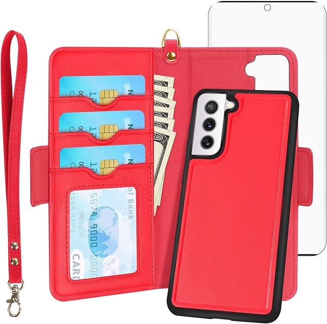 Skycase Samsung Galaxy S21 Case 5G 6.2",[Magnetic Detachable] S21 Wallet Case, Flip Folio Wallet Case with Screen Protector Card Slots and Detachable Hand Strap for Samsung Galaxy S21 6.2" 2021,Red