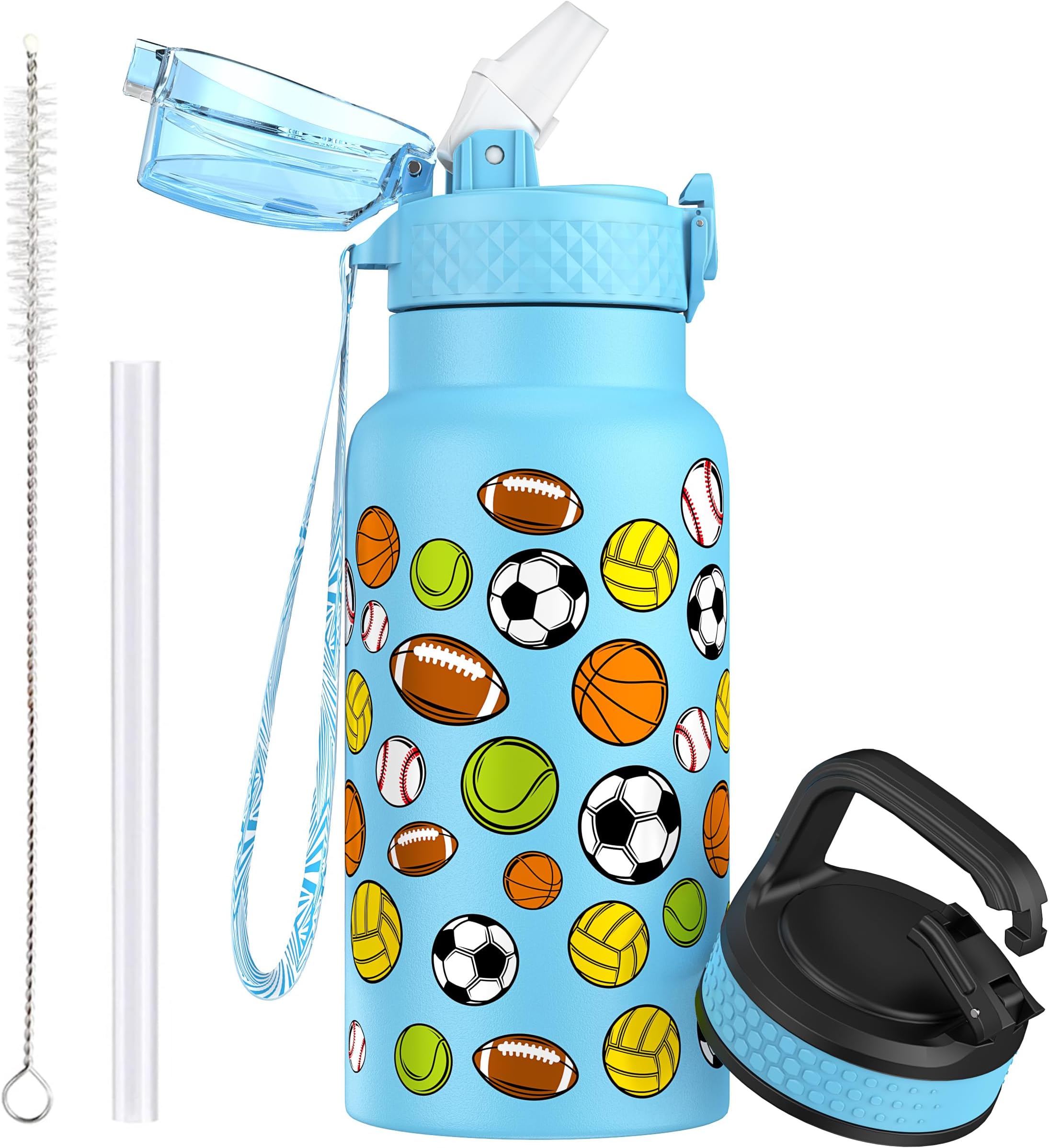 OLDLEY 500ml/17oz Kids Stainless Steel Insulated Water Bottle with Straw Double Wall Metal Vacuum Leakproof Small Flask with 2 Different Lids Hot Cold Drinks for Boys Girls Toddler Children (Ball)
