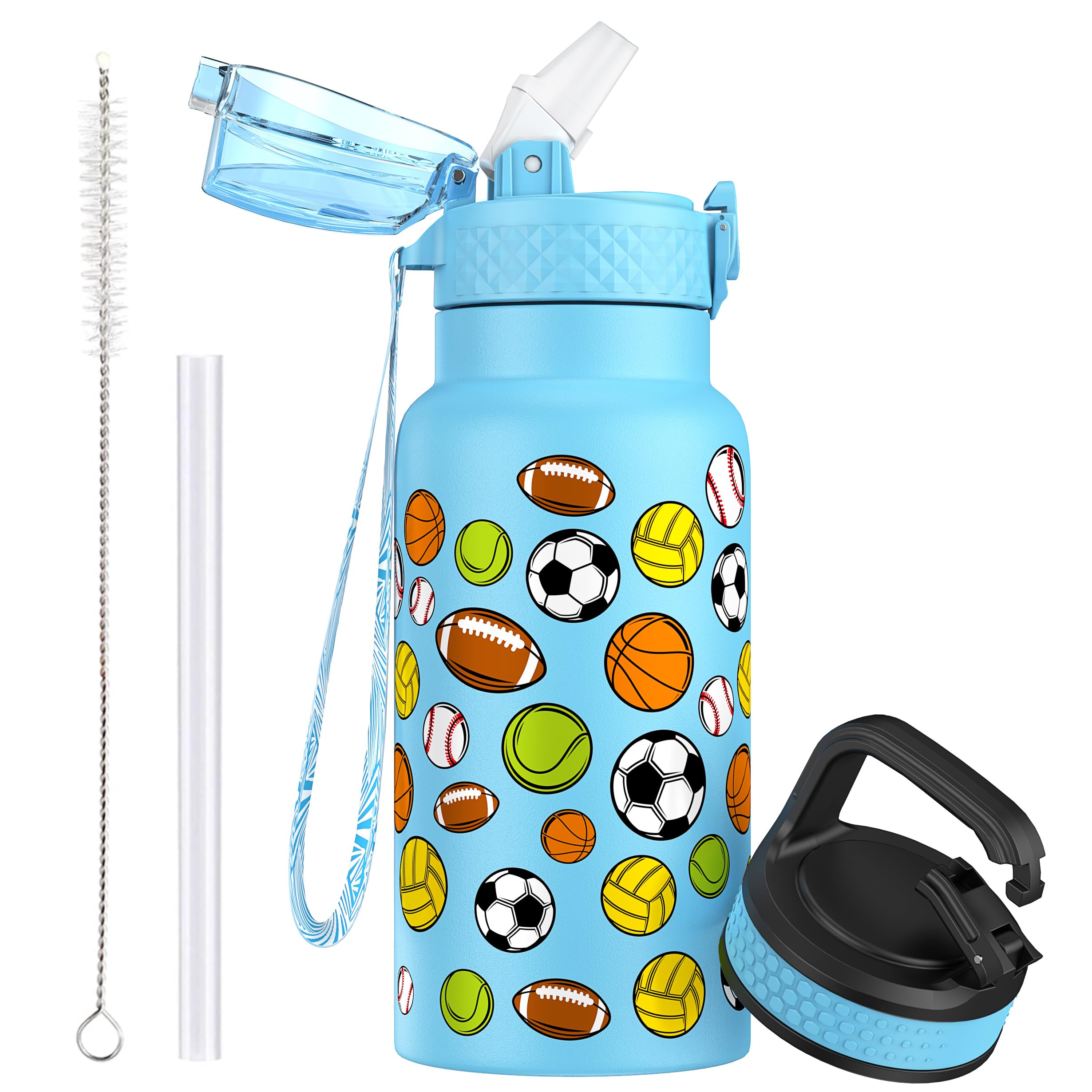 OLDLEY 500ml/17oz Kids Stainless Steel Insulated Water Bottle with Straw Double Wall Metal Vacuum Leakproof Small Flask with 2 Different Lids Hot Cold Drinks for Boys Girls Toddler Children (Ball)