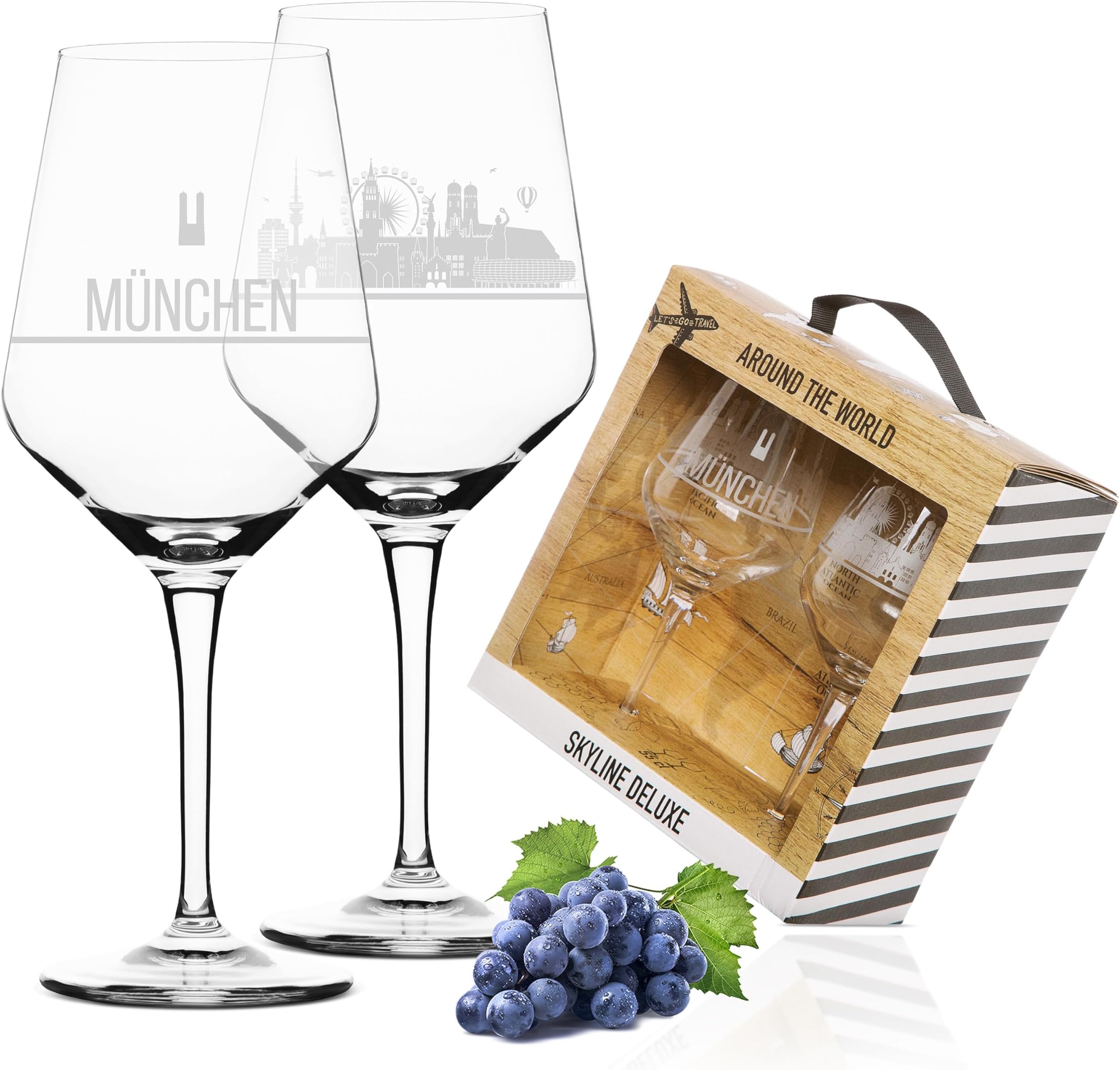 2er Set Weinglas München Mit Skyline – Ätzweiß Siebdruck, In Geschenkbox, Made In Germany, Spülmaschinengeeignet