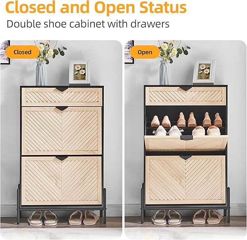 Vista 5 de HUSHEDIFY Armario de almacenamiento para zapatos con 2 cajones abatibles, organizador de zapatos estrecho oculto para entrada, zapatero delgado
