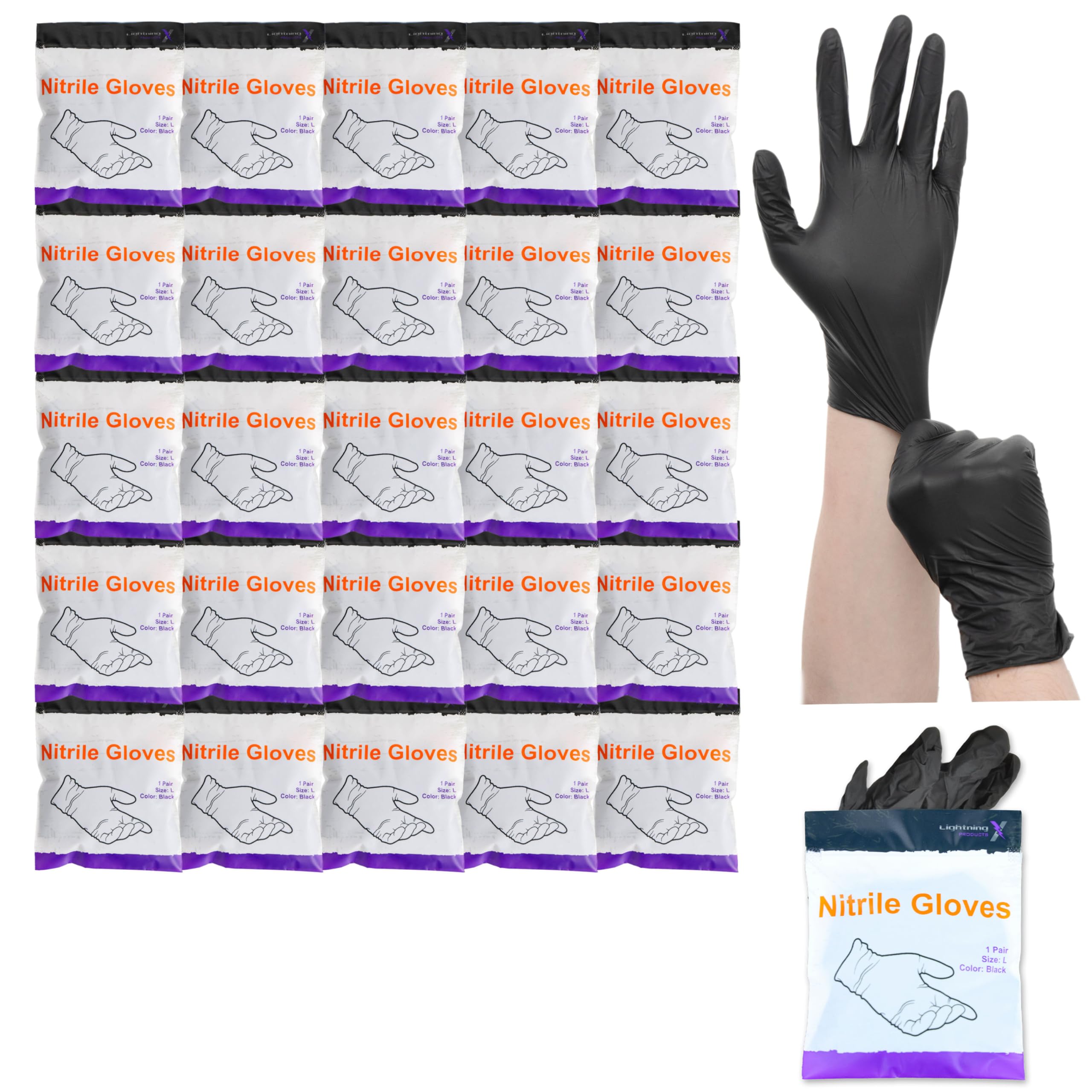 Lightning X Nitrile Exam Glove Pairs | Individually Packed | 50 Gloves | 25 Pairs | Resealable Zip Bag - Large (Fits Most)