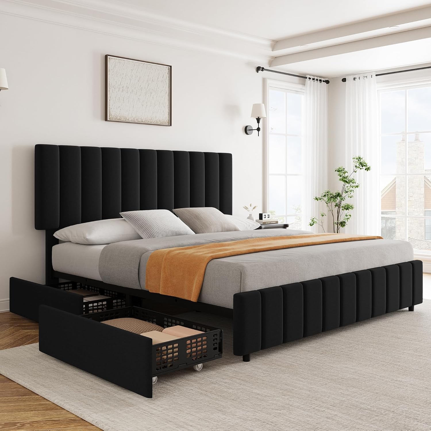 GarveeHome King Linen Upholstered Platform Bed Frame with 4 Storage Drawers, Adjustable Headboard, Wooden Slats Support, No Box Spring Needed, Black