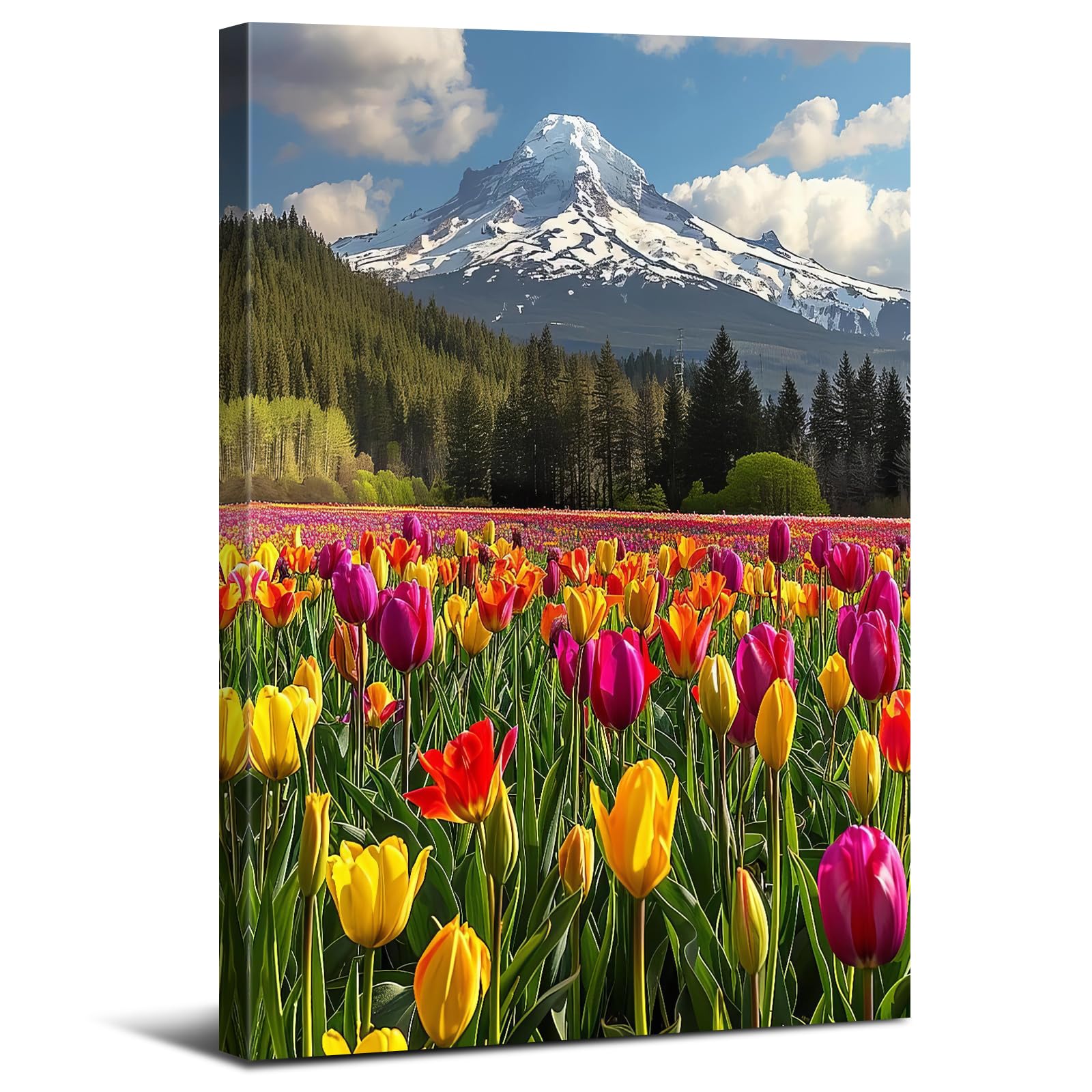 Yellow Flowers Wall Art Mountain Wall Decor for Living Room Tulips Floral Field Scenic Pictures Snowy Mountain Landscape Canvas Prints Floral Nature