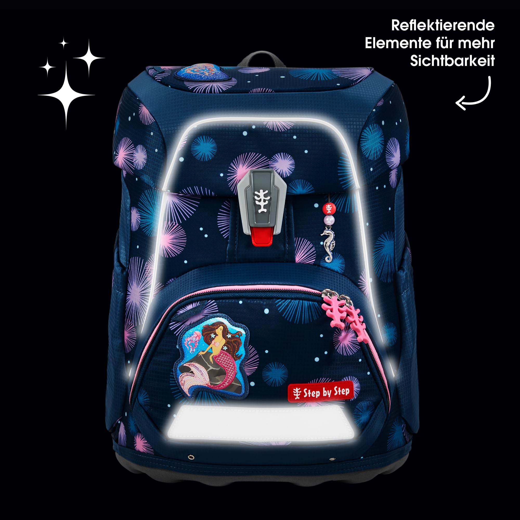 Step by Step Schulranzen-Set FIT „Mermaid Delia“ 5-teilig, blau-lila-rosa, Meerjungfrau-Design, ergonomischer Tornister mit Reflektoren, höhenverstellbar mit Hüftgurt für Mädchen ab der 1. Klasse, 19L