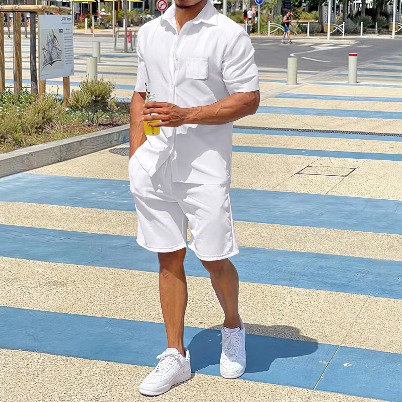 amropi Chándal Deportivo Manga Corta Camisa Botón Shorts Verano Conjunto