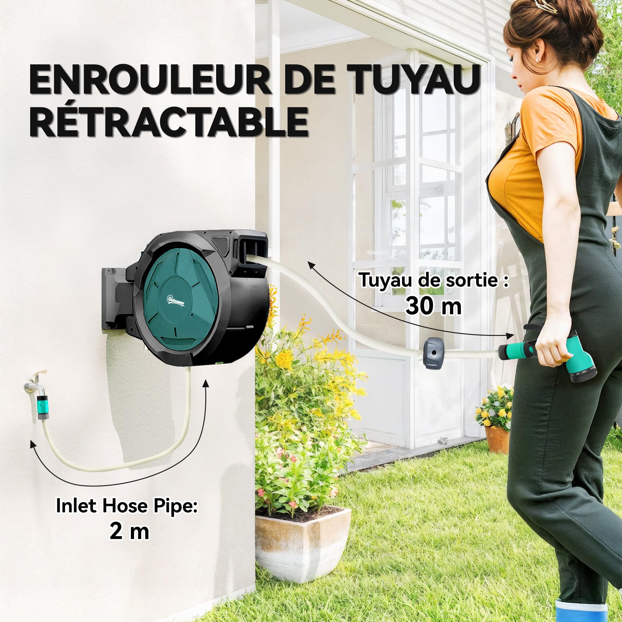 Outsunny Enrouleur Tuyau Arrosage Mural 25 m x Ø 15 mm Automatique Noir | Dévidoir Automatique de Tuyaux d'Eau, Pivotant à 180°, Buse à 7 Modes, pour Jardin et Lavage de Voiture
