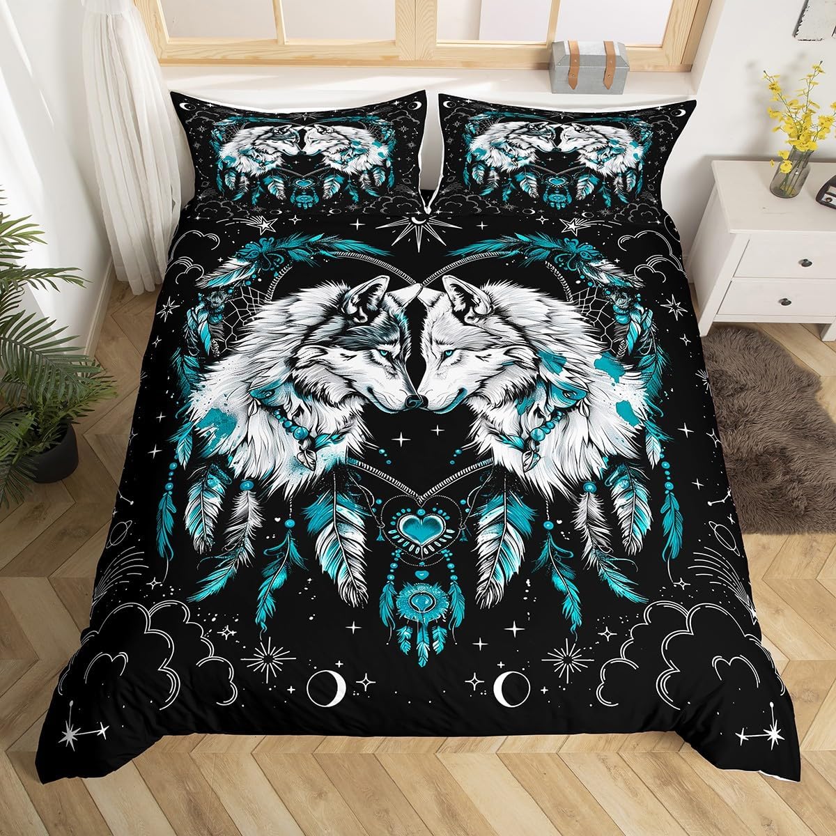 Wolf Kids Duvet Cover Set King Size,Stars Sun Moon Love Heart Dreamcatcher Romantic Boho Bedding Set,Boys Girls Room Decor,Wild Animal Rustic Comforter Cover,Blue Black Quilt Cover,2 Pillowcases