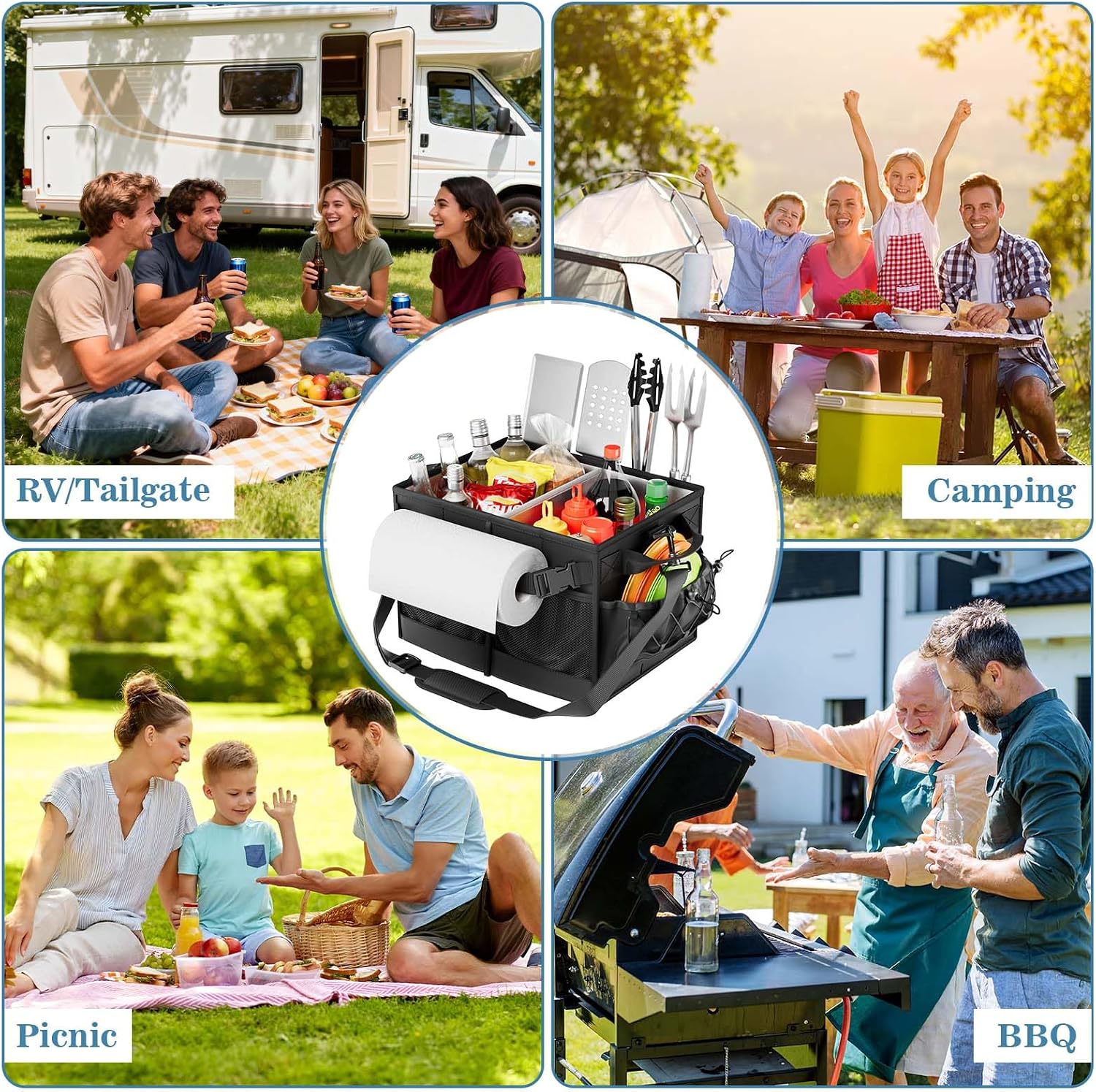 Lorbro Grill Caddy, BBQ Caddy with Paper Towel Holder, Utensil Caddy with Condiment Pocket, Collapsible Picnic Basket Camping Gear Must Haves for Outdoor, Gift, Grilling Tool, Barbecue, RV, Black