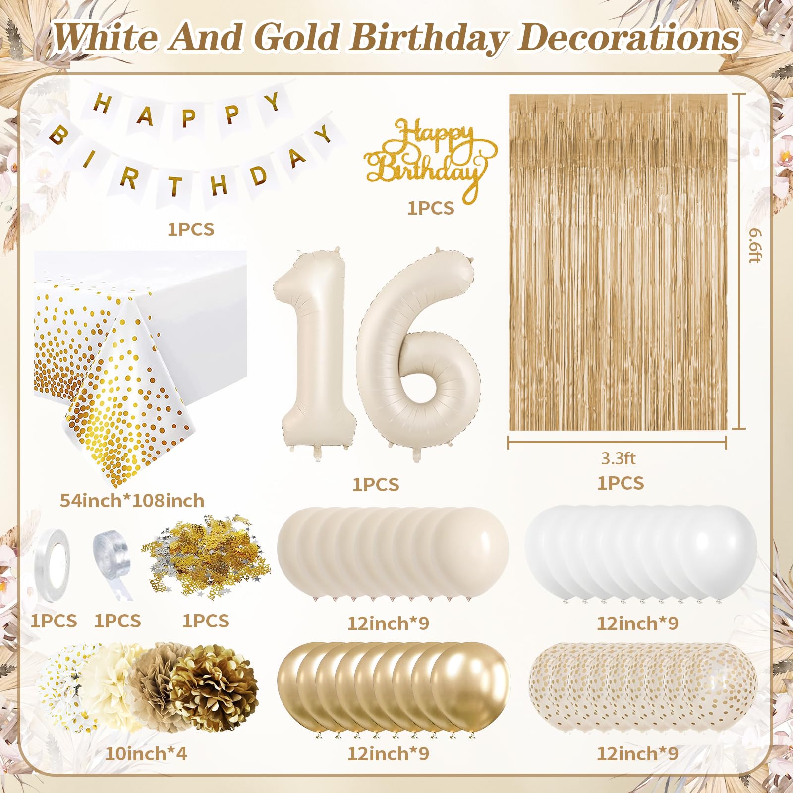 Sweet 16 Birthday Decorations, White and Gold 16th Birthday Decorations for Girls Boy 16th Happy Birthday Banner Tablecloth Fringe Curtain Cake Topper Paper Pom Poms for Girl Boys Sweet 16 Party Decor
