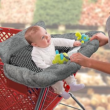 Summer 2-in-1 Full Coverage Cushy Shopping Cart Cover Heather Gray and High Chair Cover with Removable Seat Positioner, Strap, Phone Holder, and Toy Loops, Heather Gray and Black