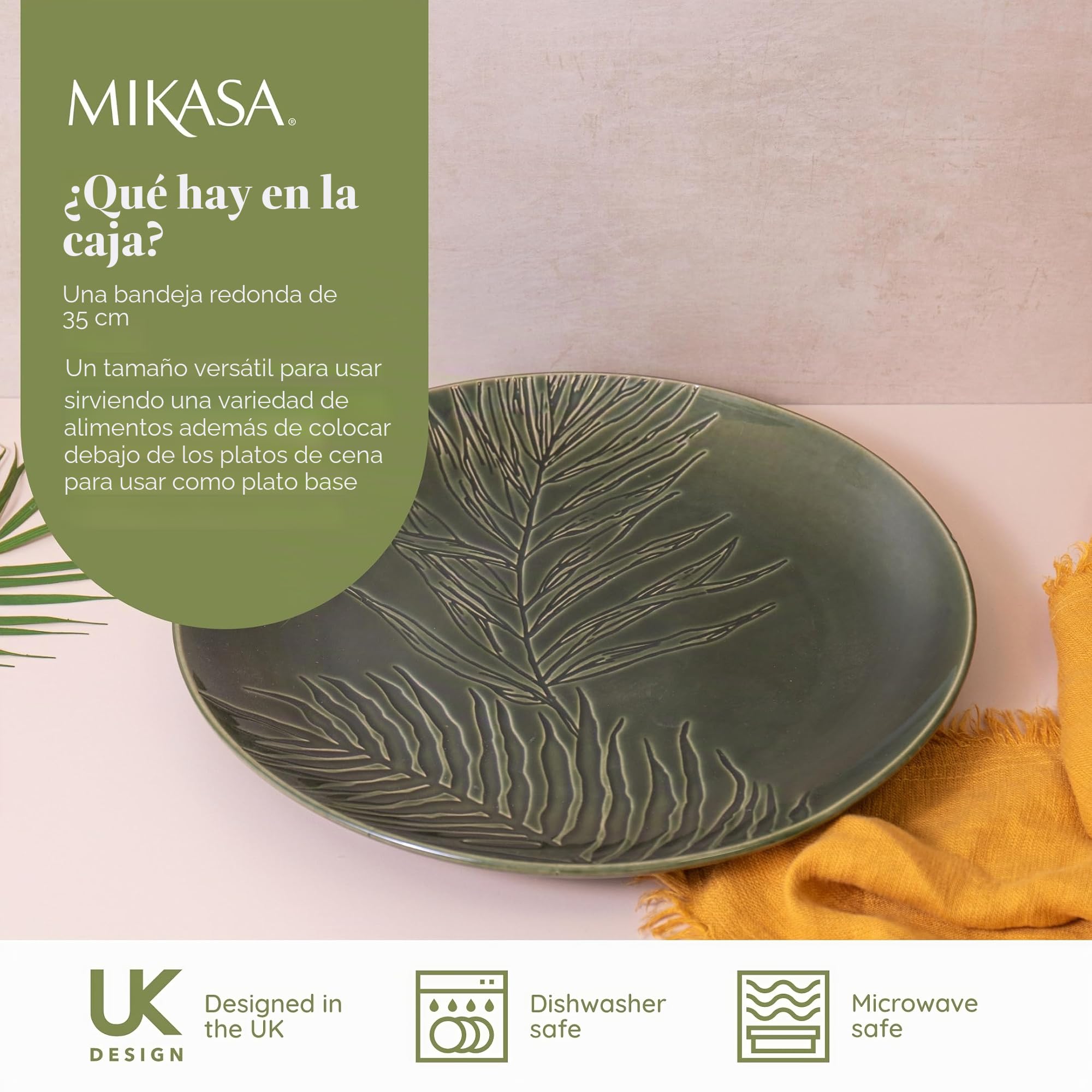 Mikasa Jardin - Plato redondo de gres verde para servir alimentos, 35 cm, plato grande para entrantes y antipasti, en caja de regalo y apto para lavavajillas