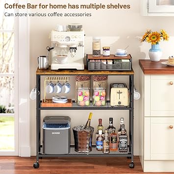 Rolling Kitchen Island Cart, 3 Tier Microwave Table Stand with Adjustable Shelf, Kitchen Storage Utility Cart on Lockable Wheels, Bakers Rack Coffee Bar Shelf Organizer for Ding, Living Room, Office